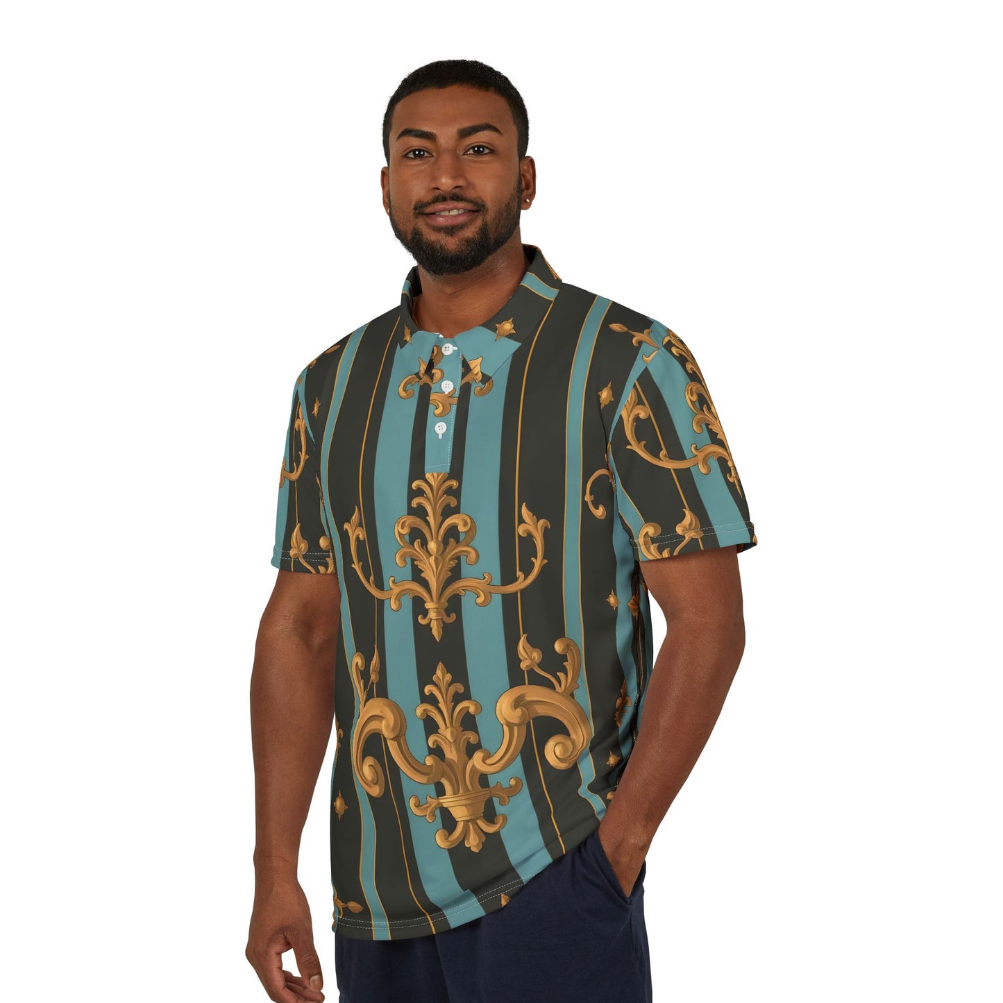 Chic Patterned Unisex Polo Shirt | Stylish Casual Wear, Summer Fashion, Trendy Gift, Parties, Unique Print - Black & Turquoise Striped Baroque