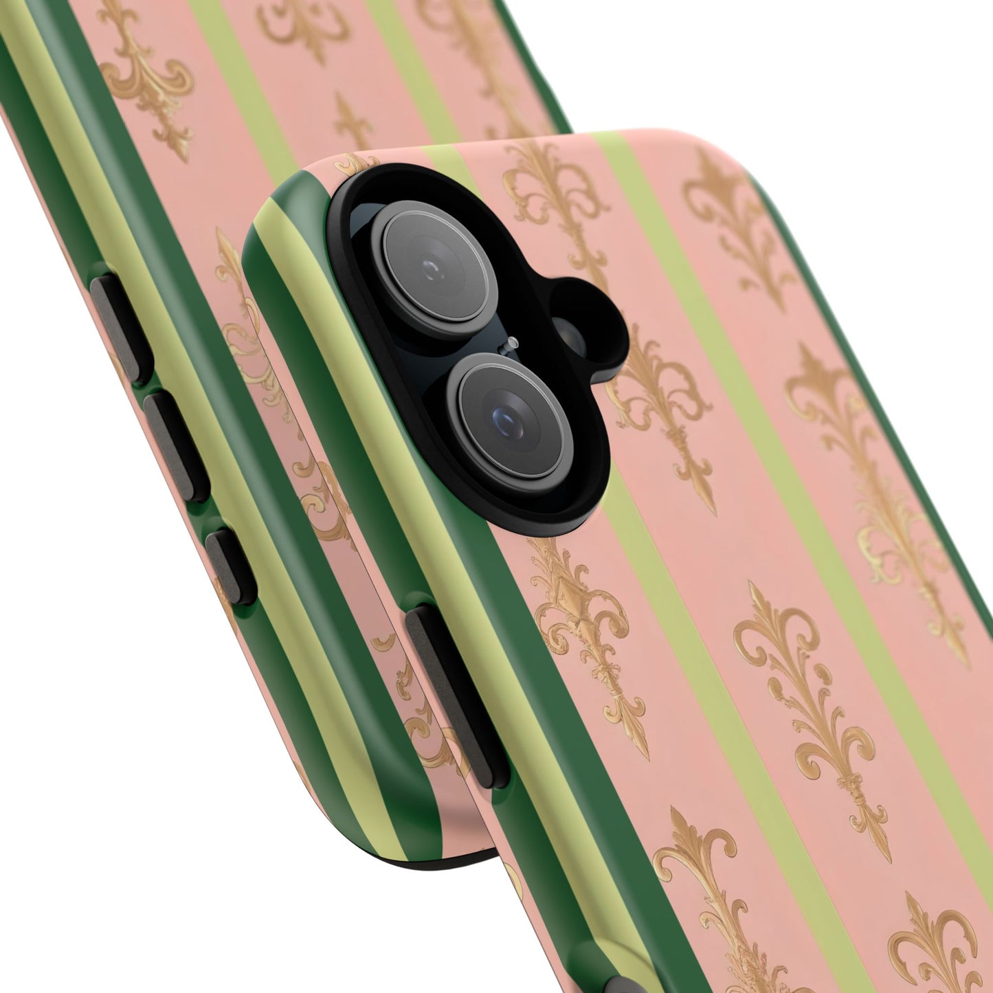 Elegant Floral Motif Phone Case - Tough Cases with Vintage Design - Lime Green & Pink Striped Damask