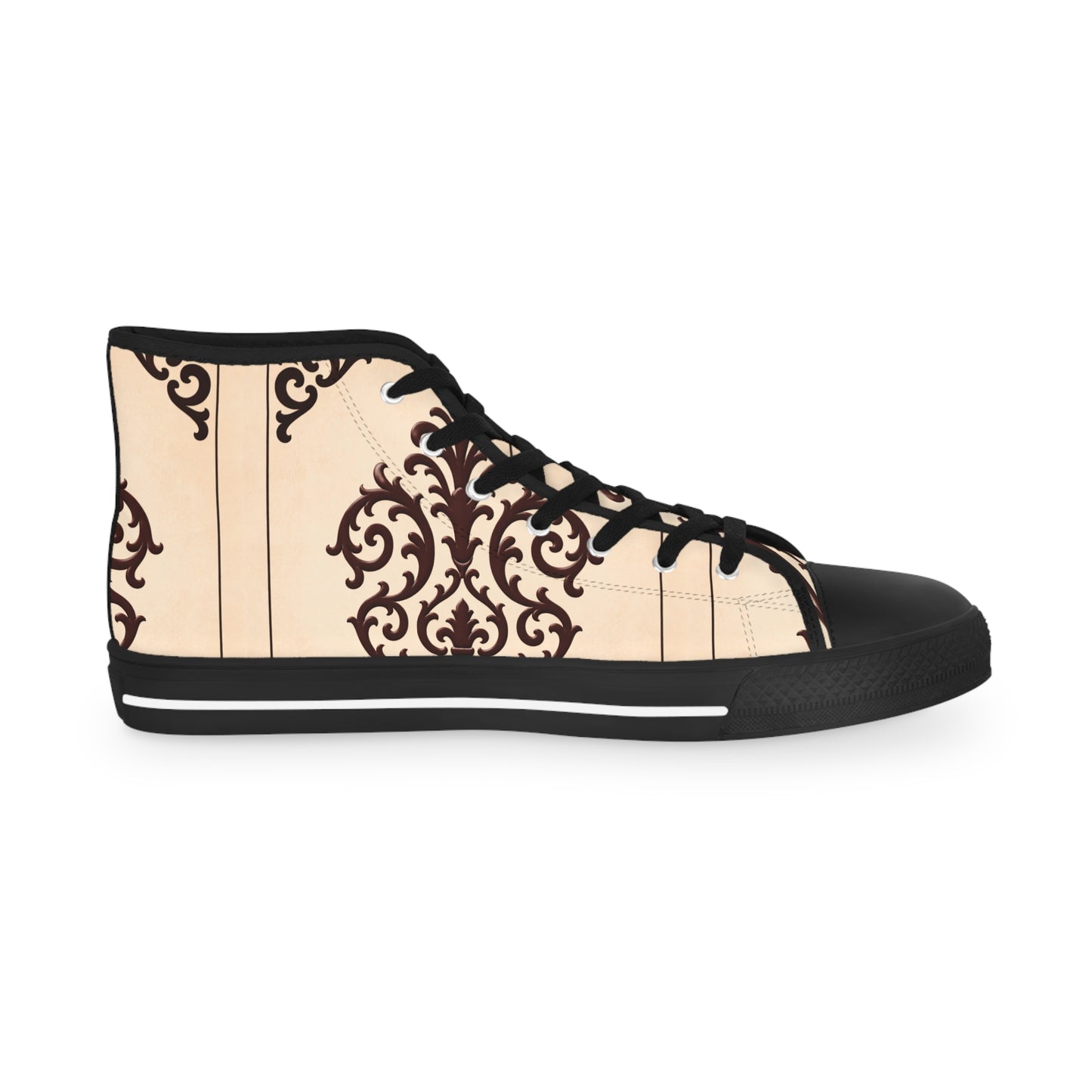 Almond-Beige & Brown Baroque Scroll High-Top Sneakers — Beige Ornate Men's Canvas Shoes