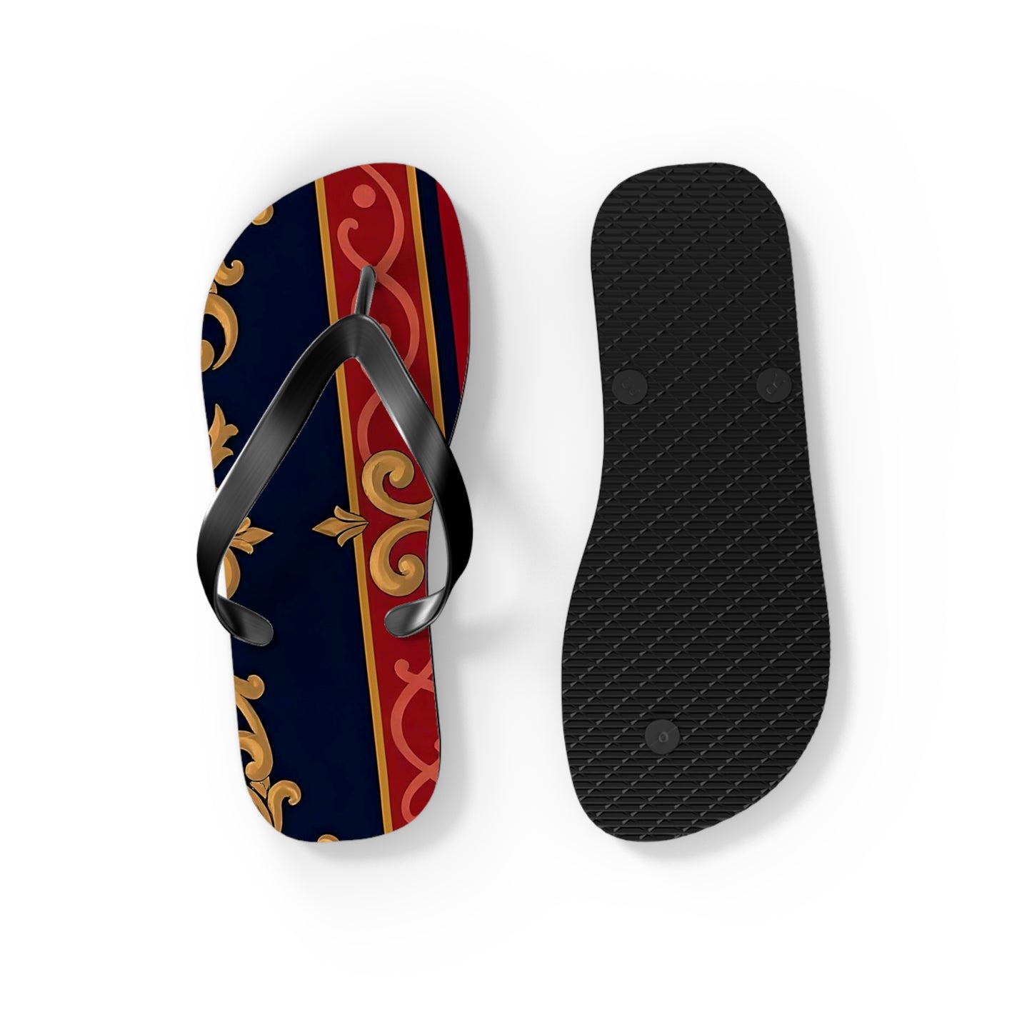 Elegant Vintage Flip Flops, Stylish Summer Footwear, Beachwear Accessories, Vacation Essentials - Midnight Blue & Dusk Red Gold Baroque
