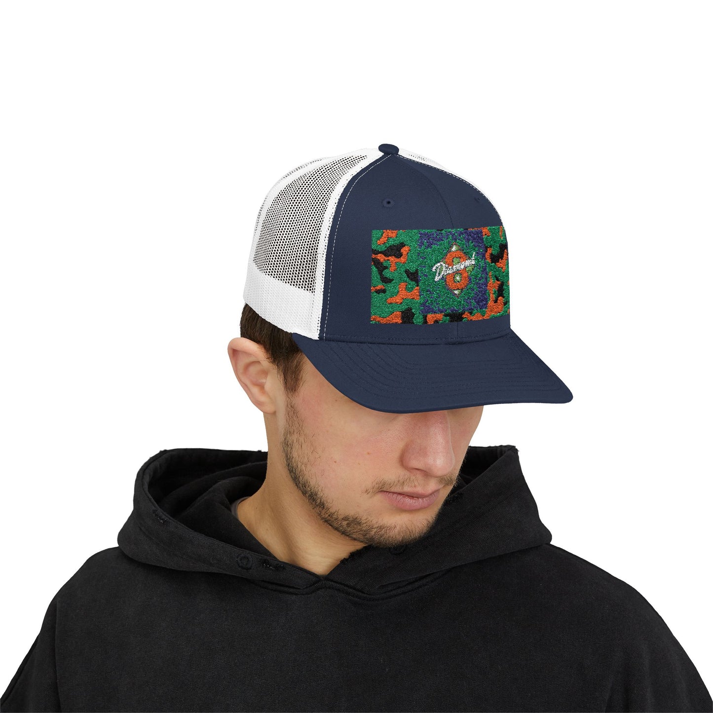 Colorful Camouflage Snapback Trucker Cap, Casual Hat, Outdoor Gear, Unisex Headwear, Gift for Him/Her - Green & Orange Camo Diamond 8