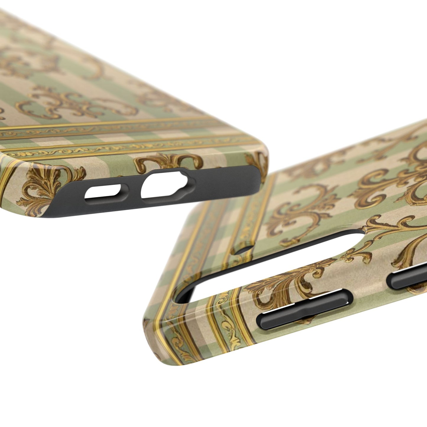 Vintage Elegance Phone Case, Tough Phone Cases for Style, Gift for Birthdays, Stylish Protection - Mint Green & Beige Striped Gold Baroque
