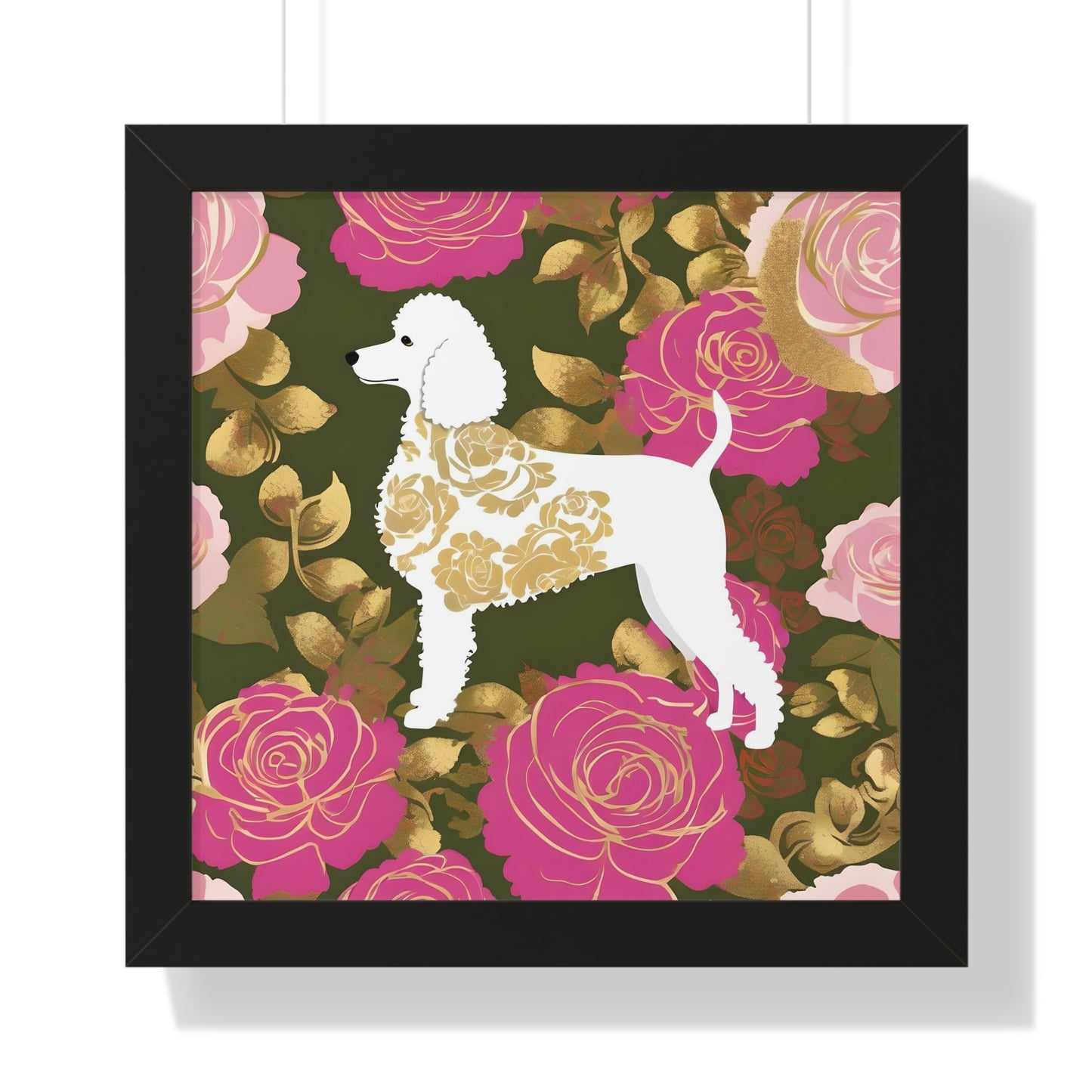 Vertical Poster - Stylish Framed - Art for Home Decor - Damask White Poodle & Pink Roses
