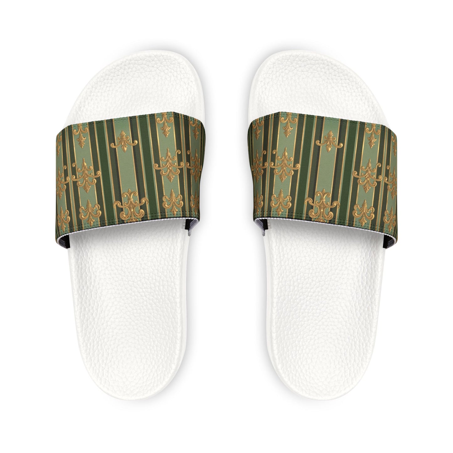 Stylish Removable-Strap Sandals for Women, Trendy Summer Footwear, Gift for Her, Casual Slip-Ons - Green Striped Gold Baroque
