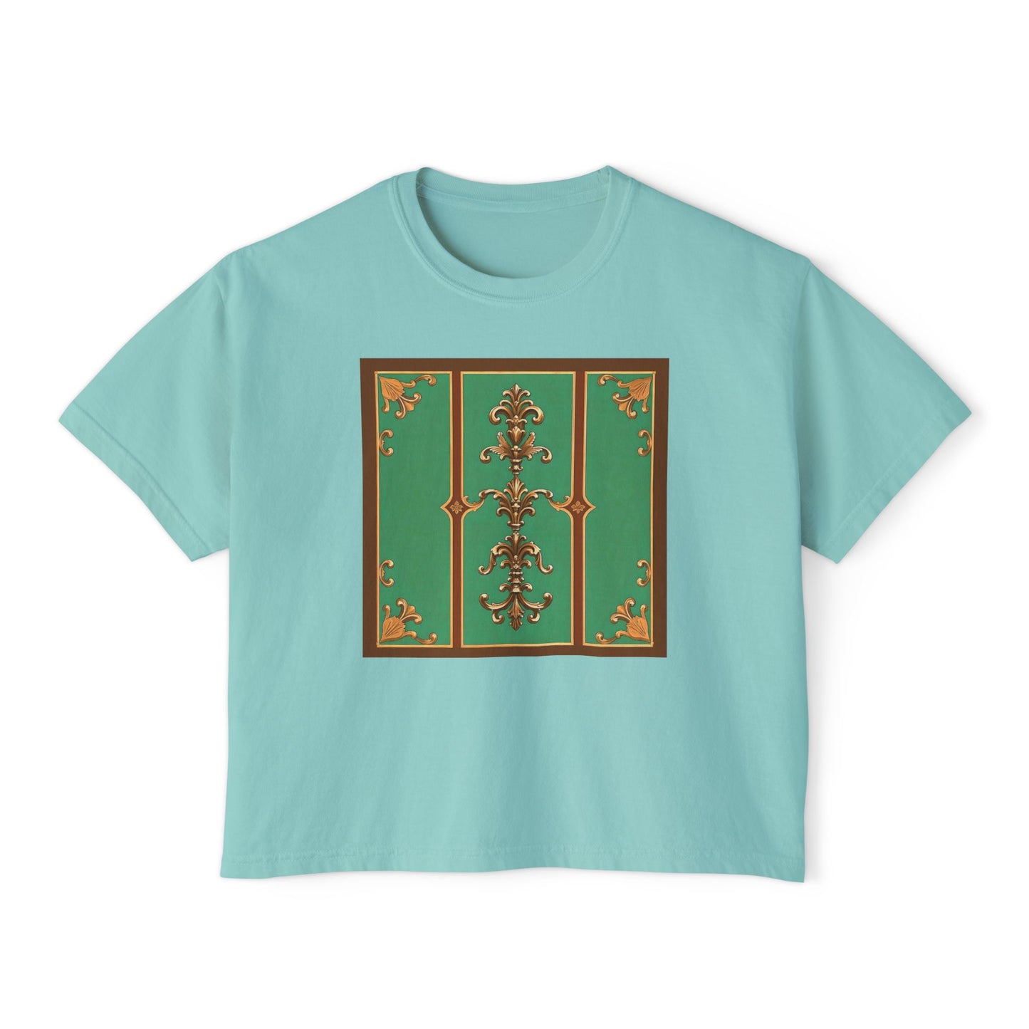 Elegant Vintage Floral Women's Boxy Tee - Trendy Casual Shirt for All Occasions - Rust & Green Striped Baroque
