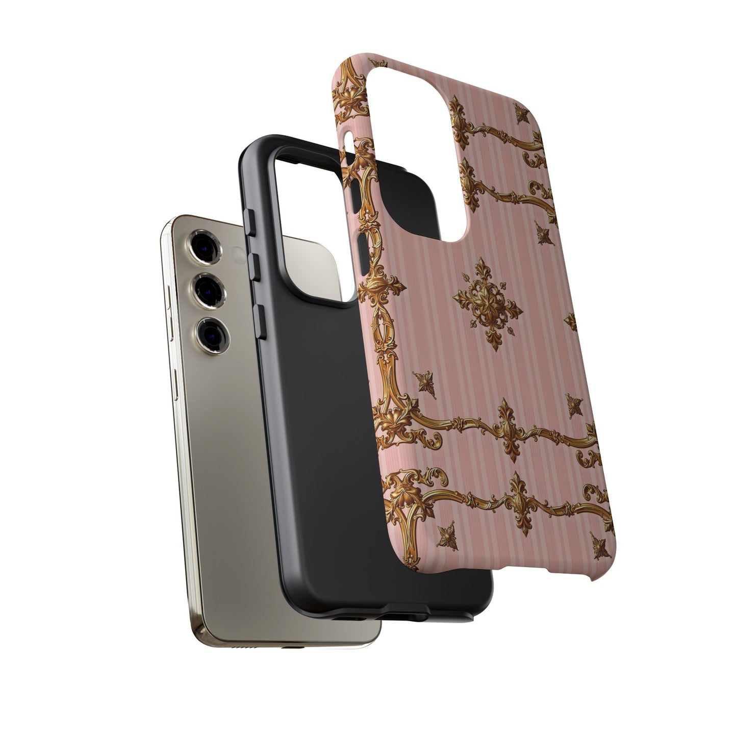Elegant Floral Phone Case, Tough Cases for Women, Trendy Phone Cover, Chic Gift - Pink Striped Gold Baroque