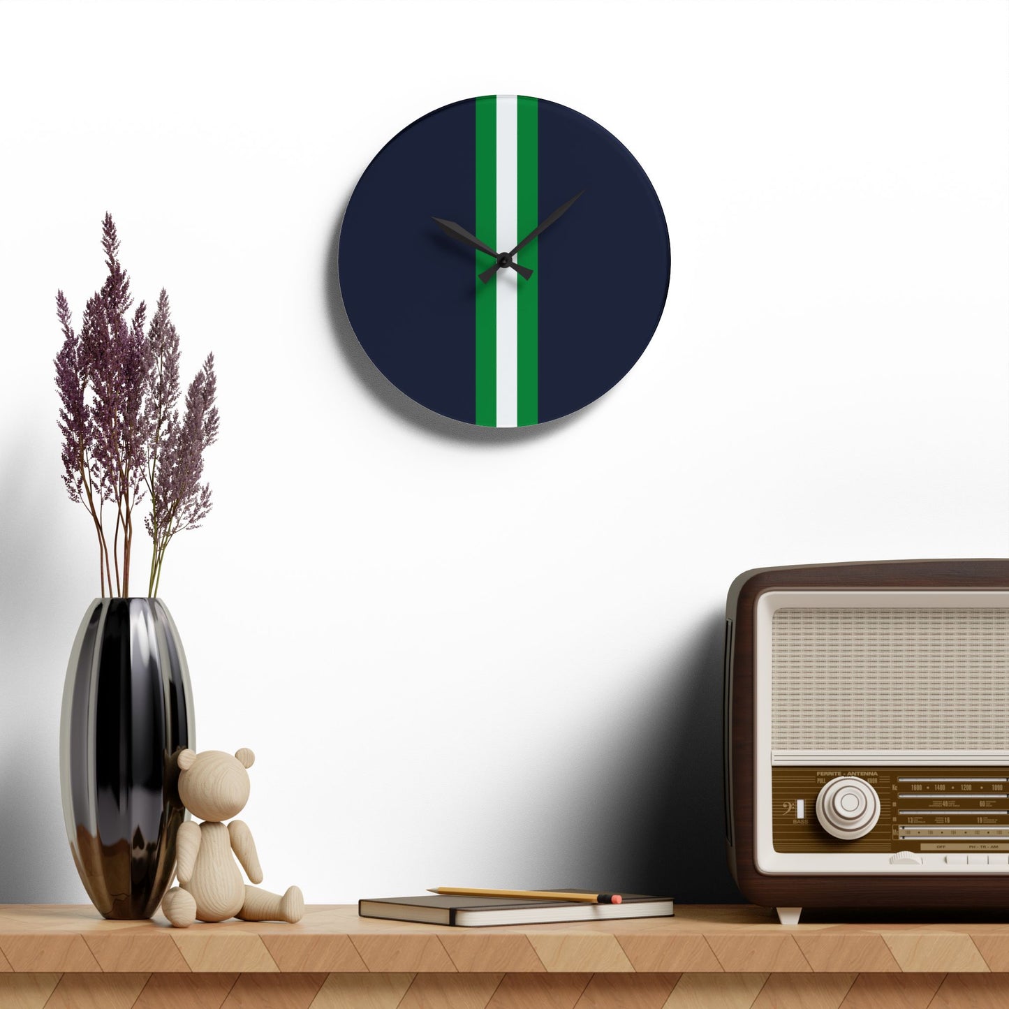 Lunar Midnight & Green-White Striped Modern Acrylic Wall Clock with Minimalist Design, Home Decor, Office Wall Art, Gifts for Him/Her