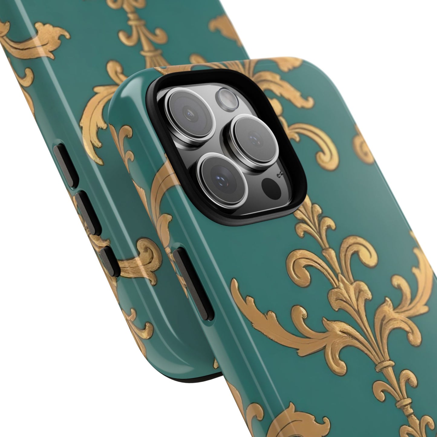 Elegant Floral Motif Phone Case - Tough Cases with Vintage Design - Aqua & Gold Damask