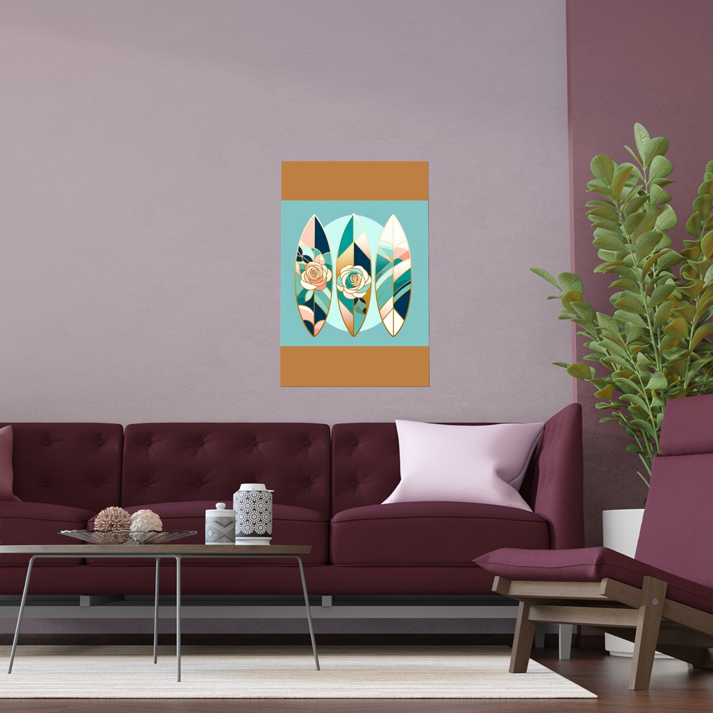 Elegant Floral Silk Poster - Indoor/Outdoor Wall Art for Home Decor - Blue, Pink & Aqua Surfboard & Roses