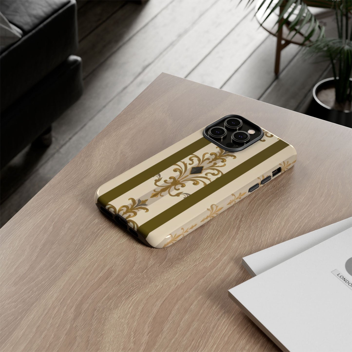 Elegant Floral Motif Phone Case - Tough Cases with Vintage Design - Olive Striped Gold Damask