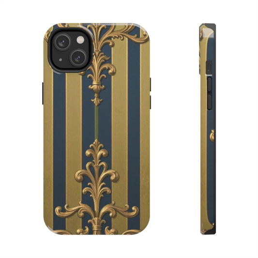 Elegant Midnight Blue & Olive Striped Gold Baroque Tough Phone Case, Phone Cover, Durable Case for Protection, Stylish Gift for Him/Her