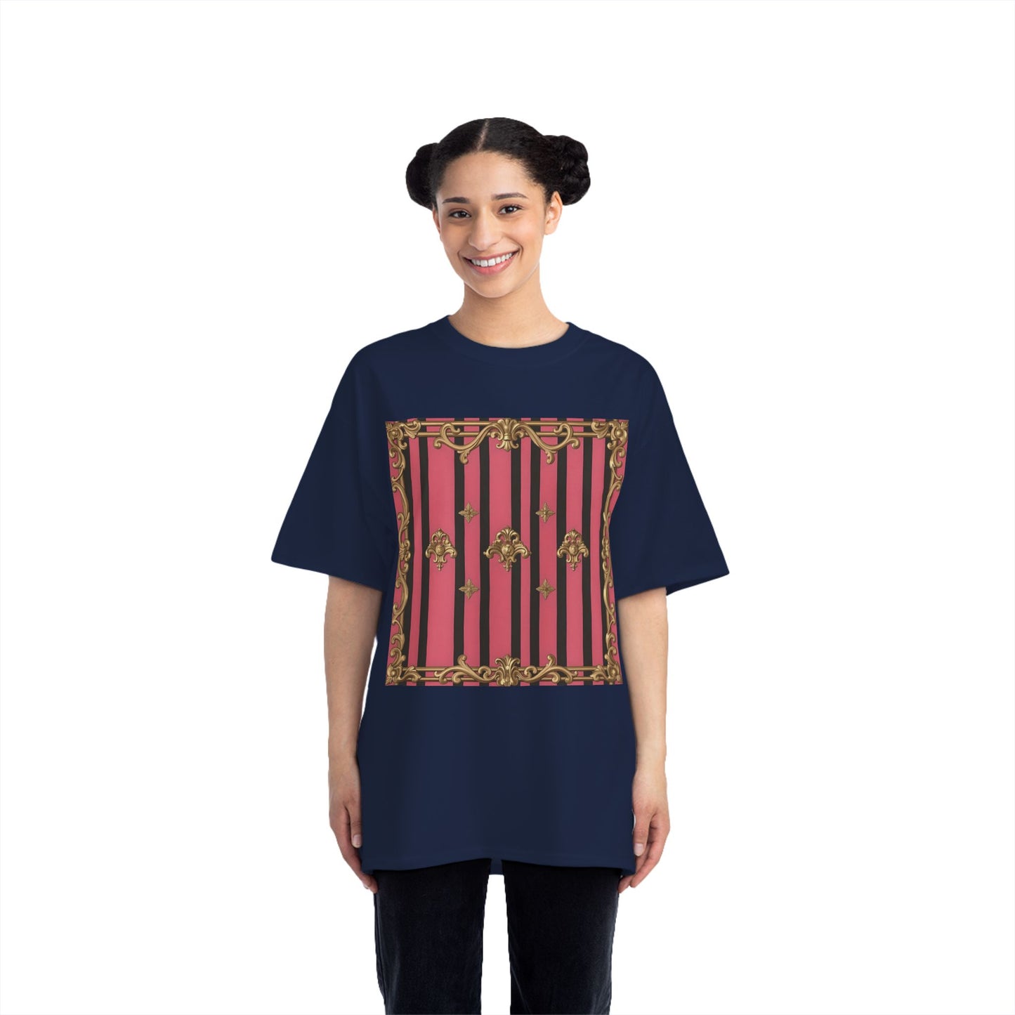 Elegant Baroque Short-Sleeve T-Shirt - Artistic Fashion, Graphics Tee, Unique Gift, Stylish Apparel, Casual Wear - Pink Striped Gold Rococo