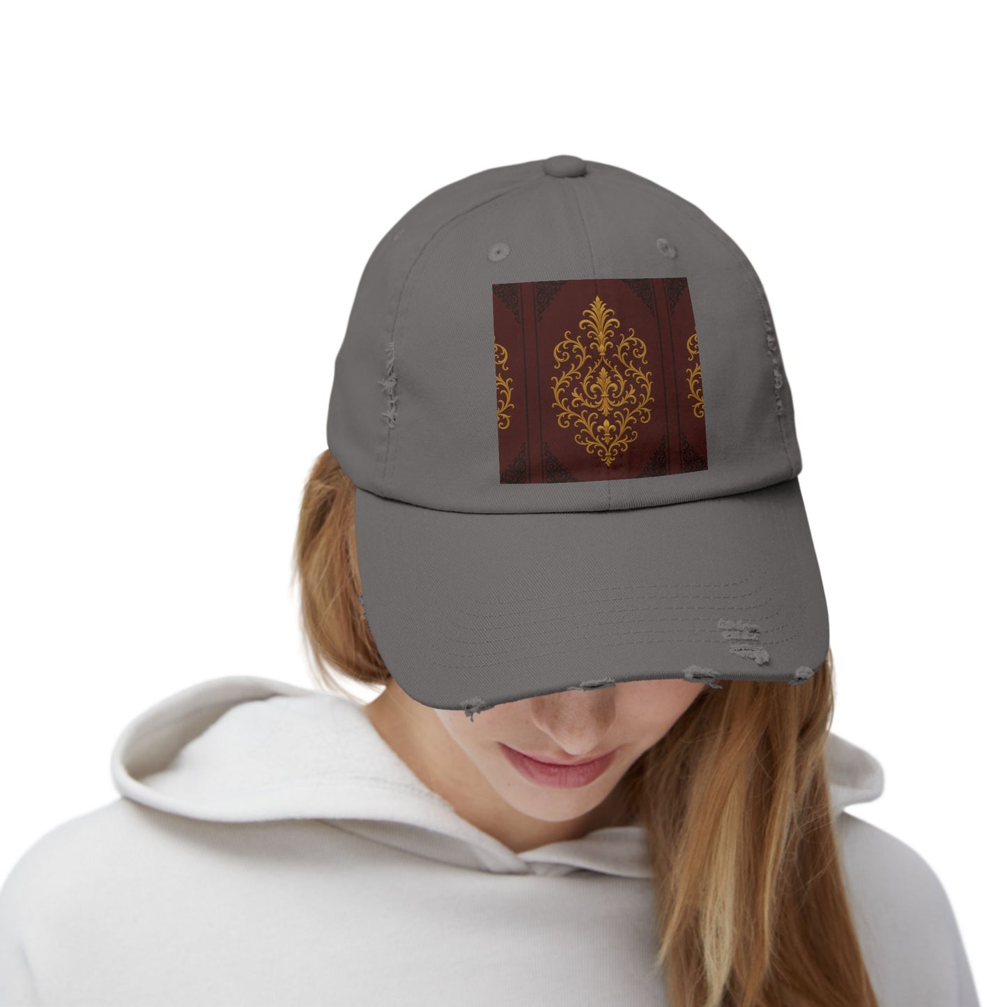 Dusk Burgundy-Black & Gold Baroque Distressed Black Cap with Vintage Gold Baroque Panel – Elegant Retro Baseball Hat