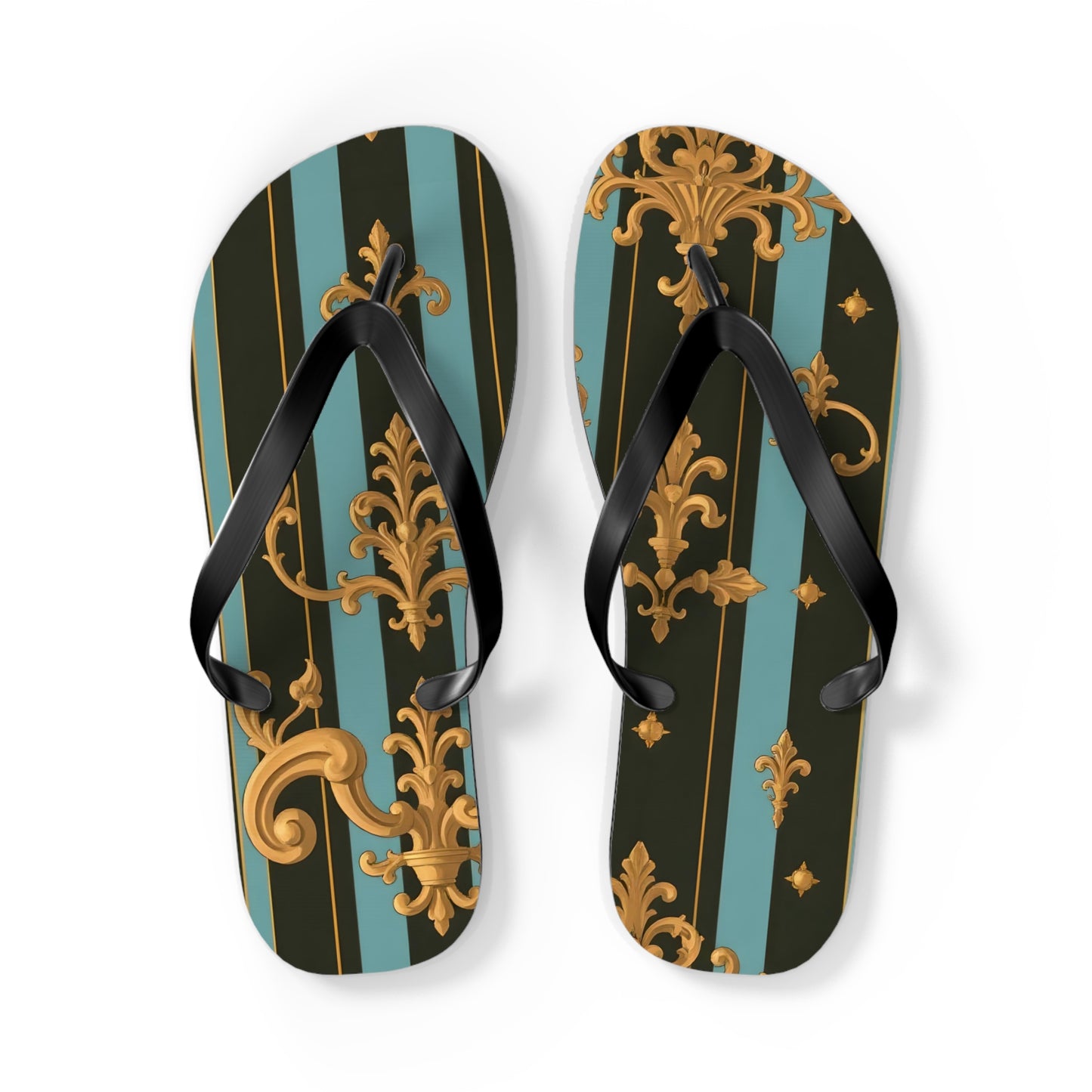 Elegant Striped Flip Flops, Stylish Beach Sandals, Summer Footwear, Vacation Essentials - Black & Turquoise Striped Baroque
