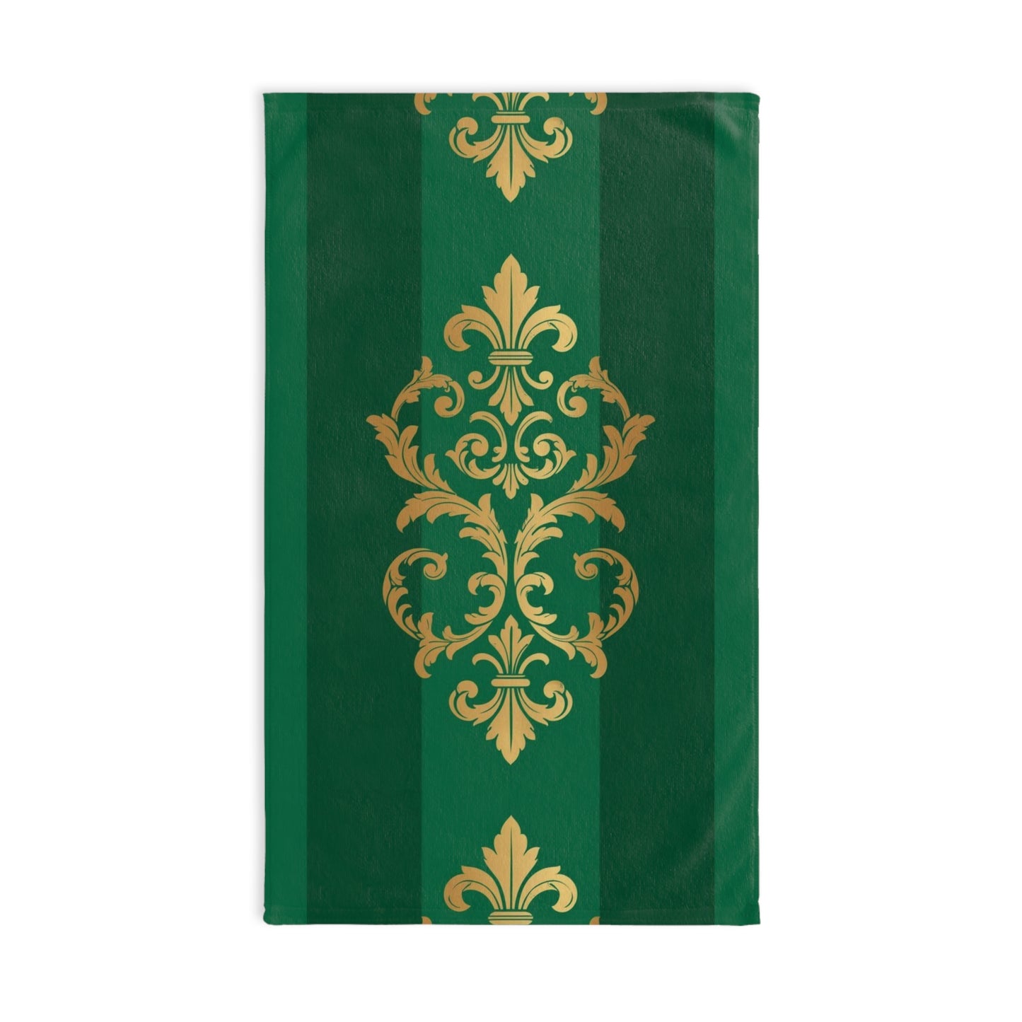 Striped Green & Gold Baroque Hand Towel — Elegant Vintage Baroque Kitchen Towel