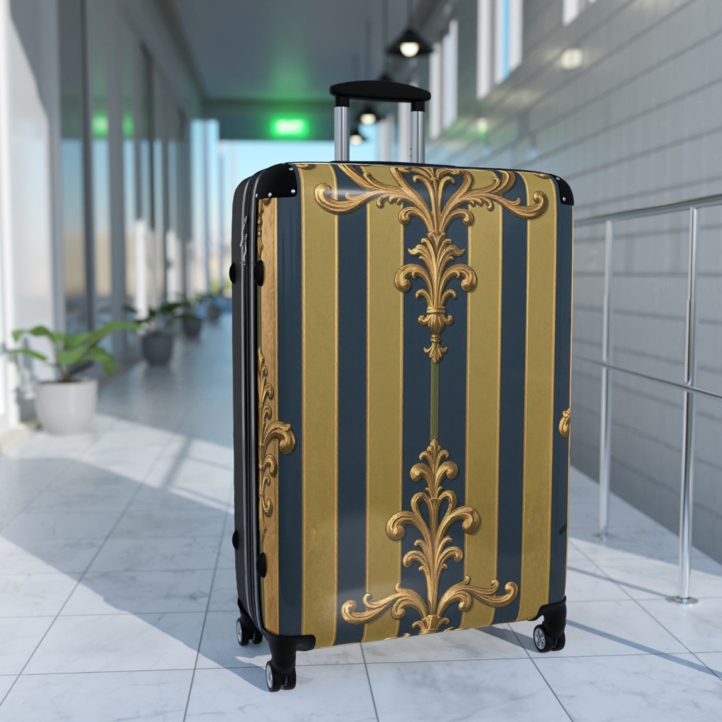 Elegant Midnight Blue & Olive Striped Gold Baroque Travel Suitcase, Chic Luggage for Stylish Travelers, Fashionable Overnight Bag, Luxury Baggage