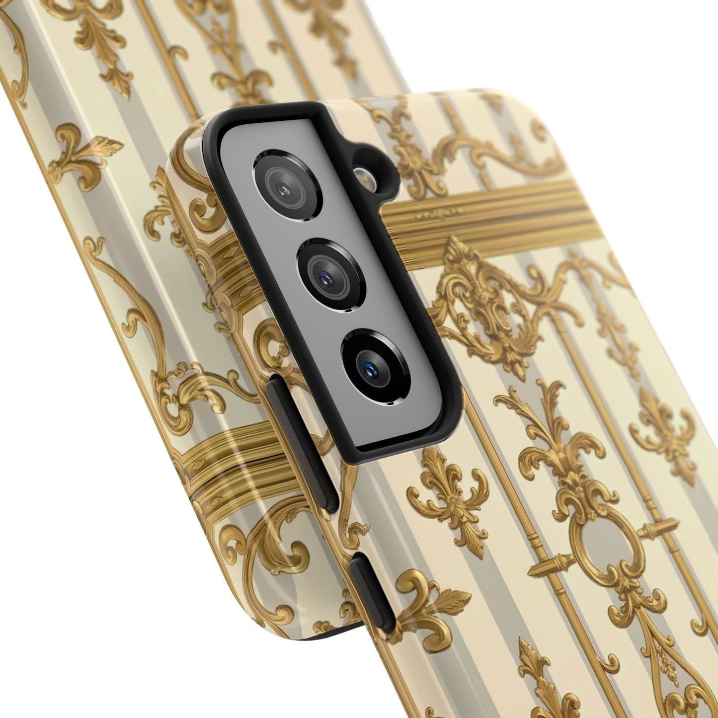 Elegant Gold Pattern Tough Phone Cases | Stylish Phone Covers, Trendy Cell Phone Accessories - Matte Gray & Cream Striped Gold Baroque