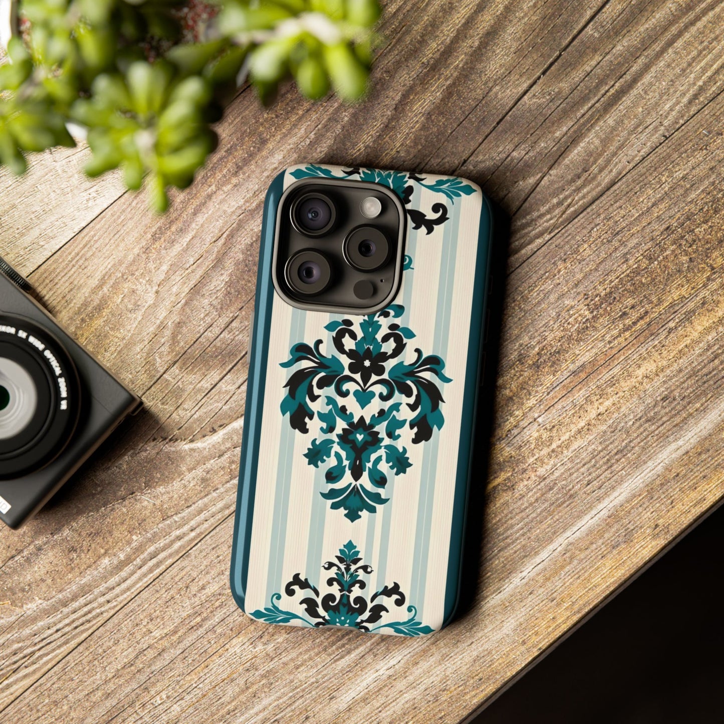 Elegant Floral Phone Case - Tough Cases with Vintage Design - Teal Striped Damask