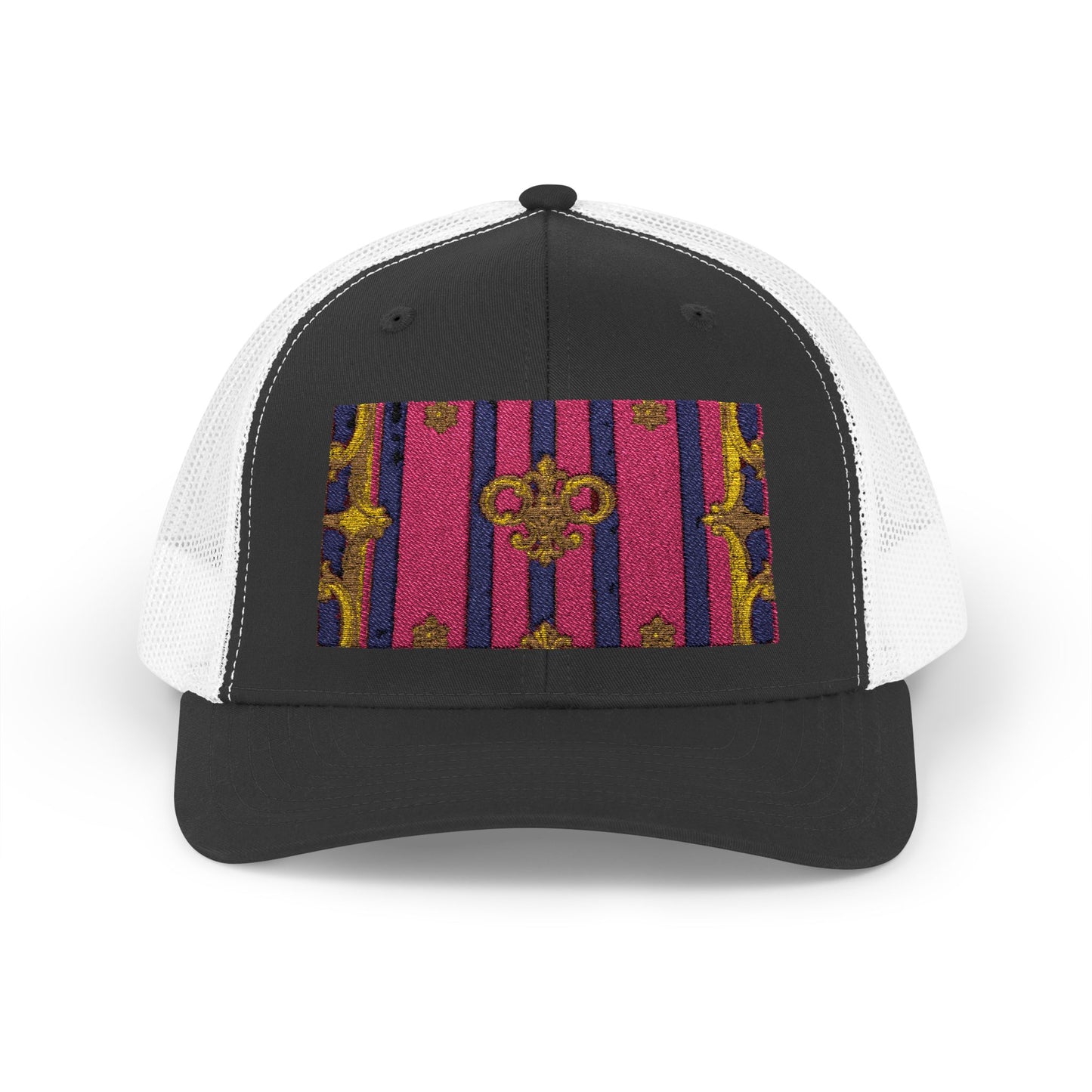 Vibrant Snapback Trucker Cap, Stylish Outdoor Hat, Trendy Fashion Accessory, Gift for Him or Her - Pink Striped Gold Baroque