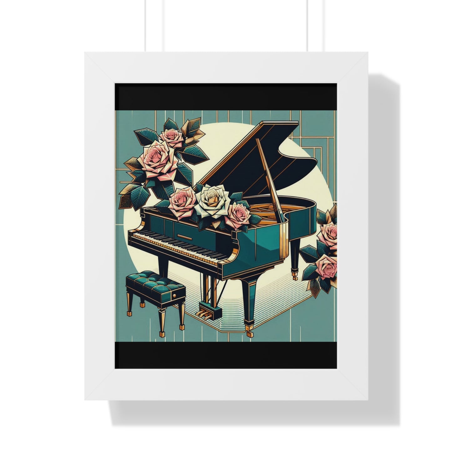 Vertical Poster - Teal Grand Piano & Roses Wall Art