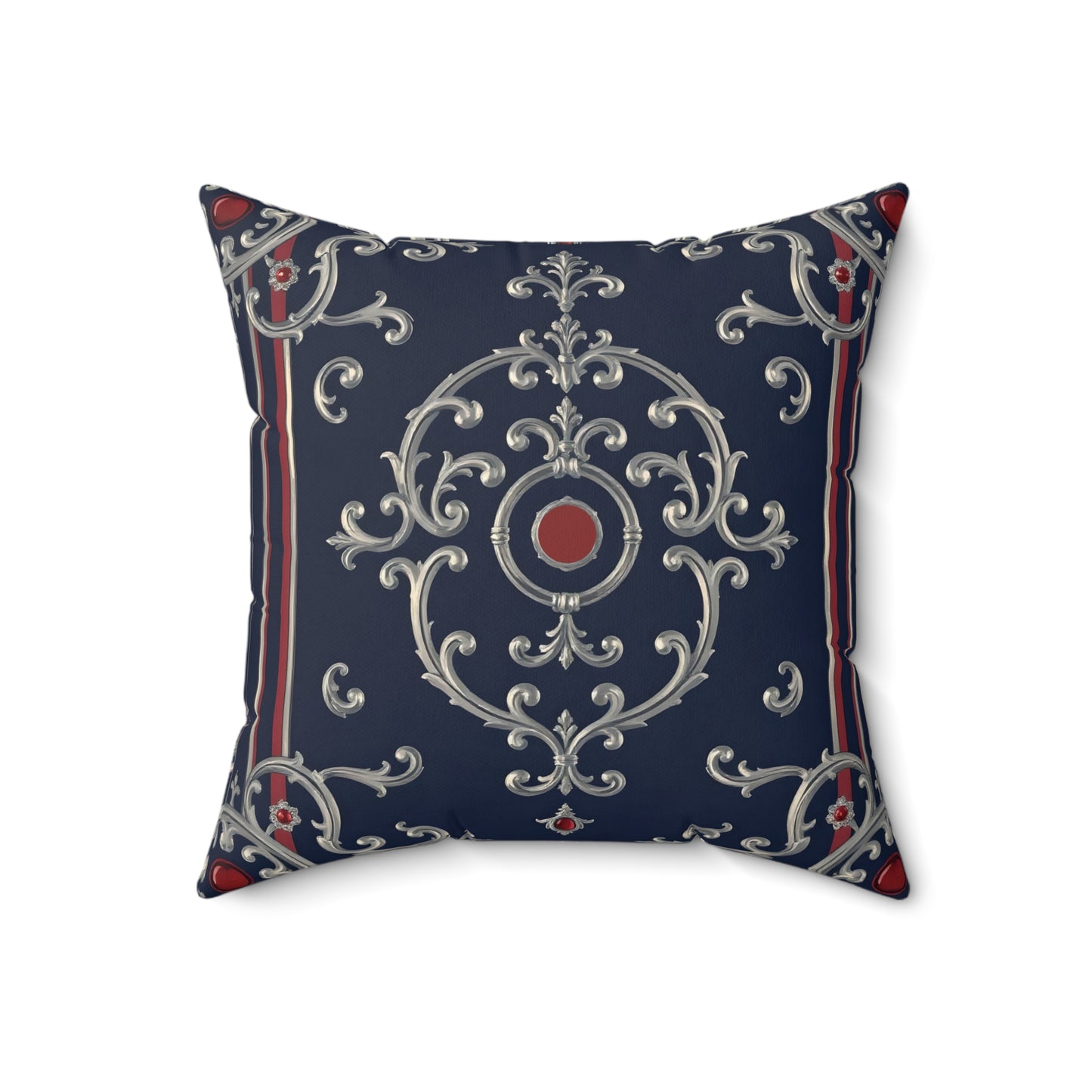 Elegant Faux Suede Pillow - Home Décor, Decorative Cushion, Cozy Living Room Accent, Stylish Throw Pillow - Blue & Red Striped Silver Baroque