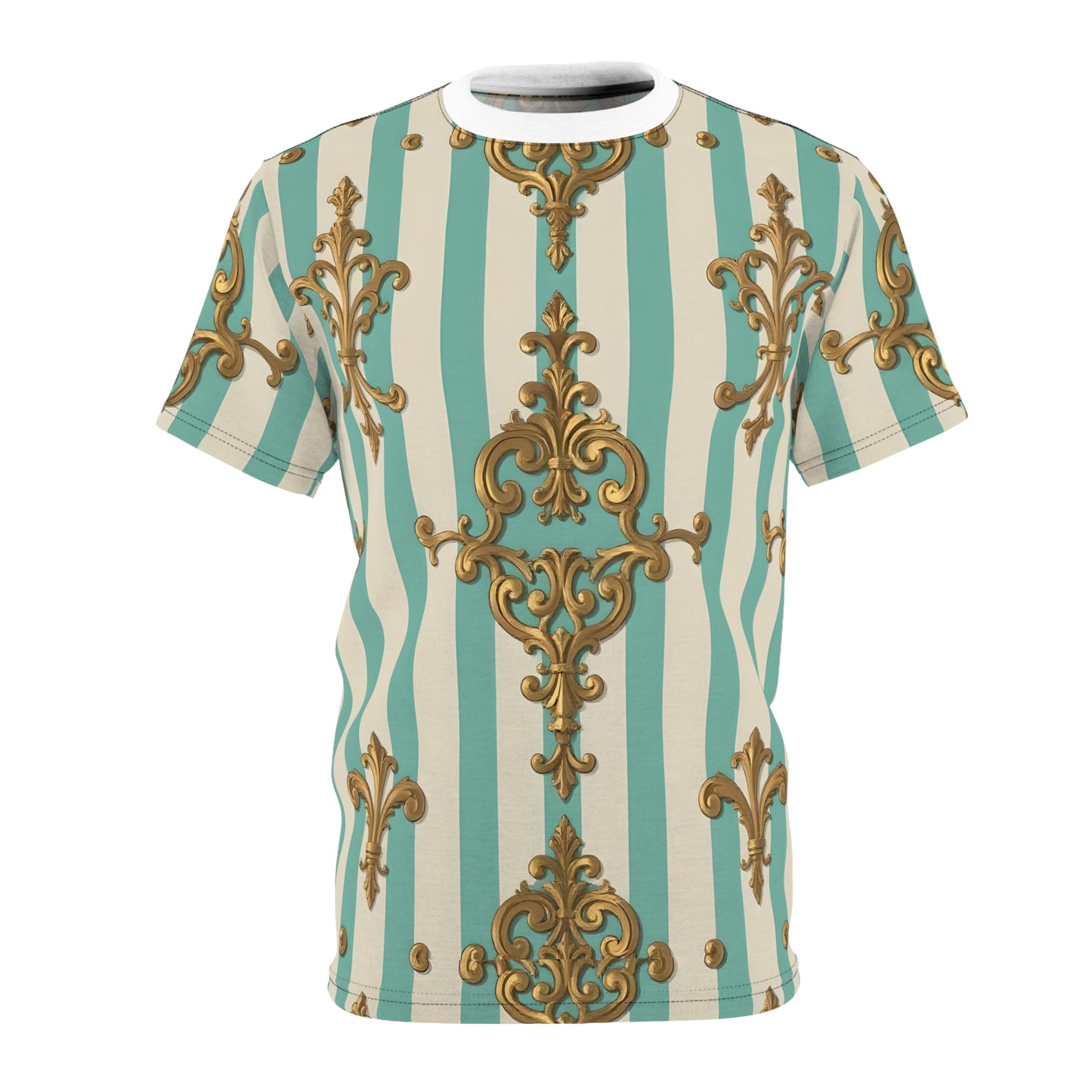 Vintage Elegance Unisex Tee, Bohemian Shirt, Stylish AOP Tee, Casual Fashion Top, Unique Gift for Him/Her - Matte Green Striped Rococo