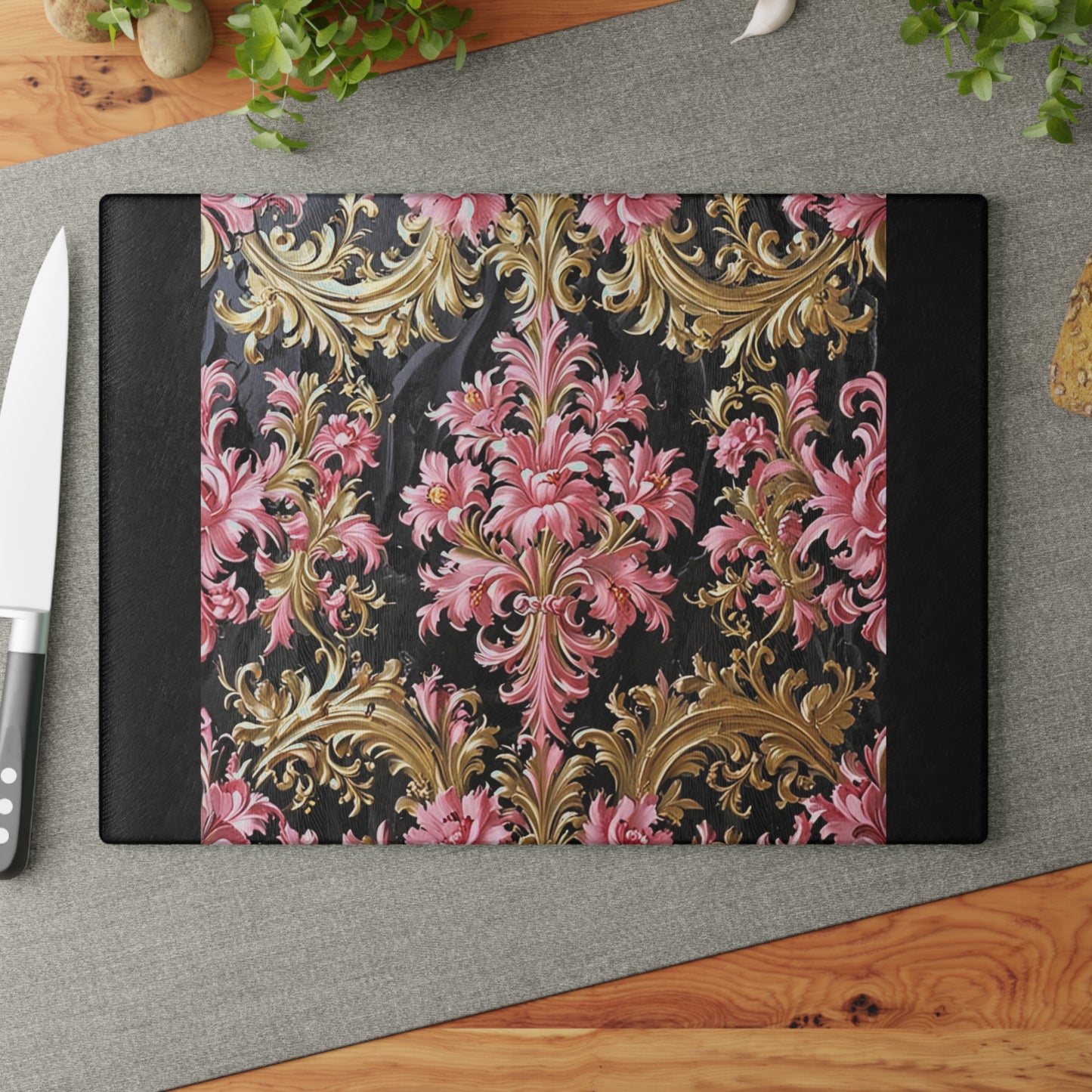 Elegant Floral Glass Cutting Board, Kitchen Decor, Decorative Cutting Board, Gift for Cooks, Wedding Gift - Black & Pink Oil Painting Style Rococo