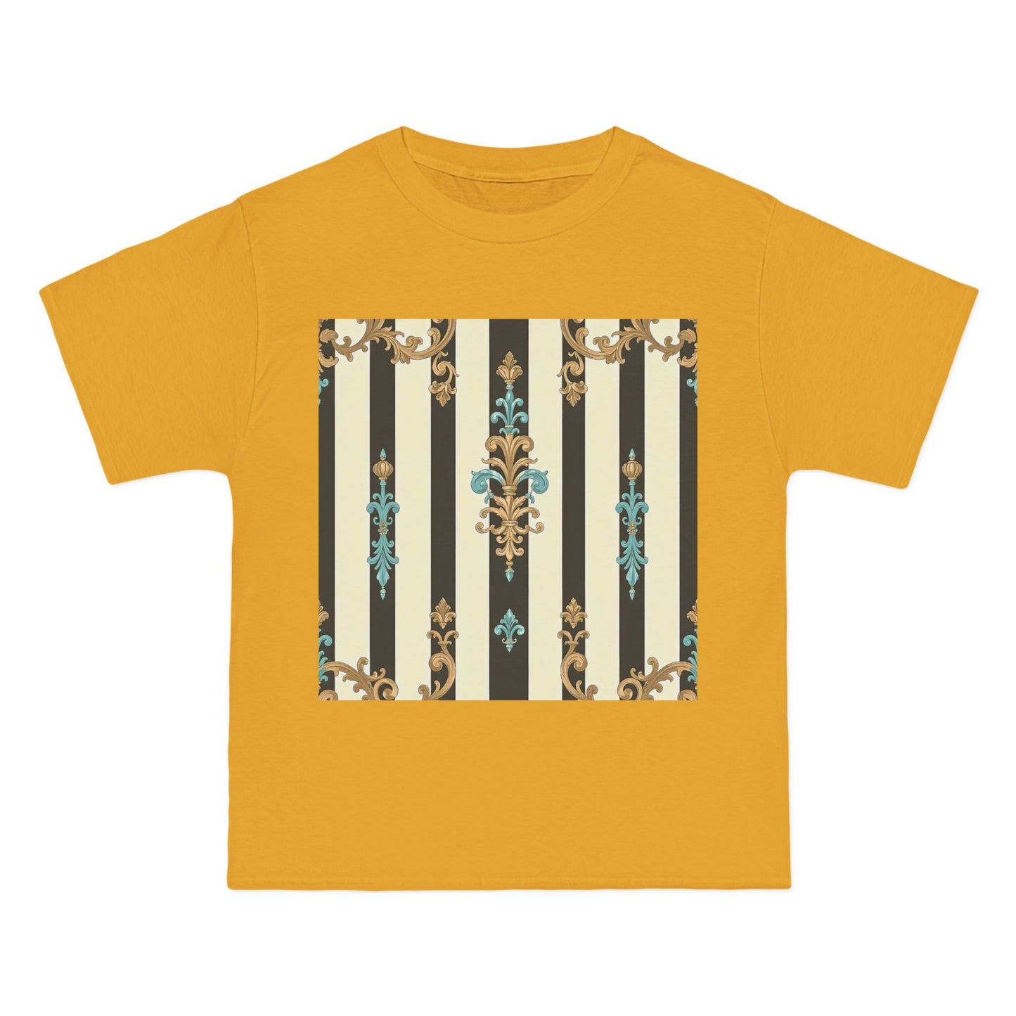 Elegant Floral Pattern Tee, Vintage Style T-Shirt, Gift for Her, Casual Outfit - Black Striped Turquoise & Black Rococo