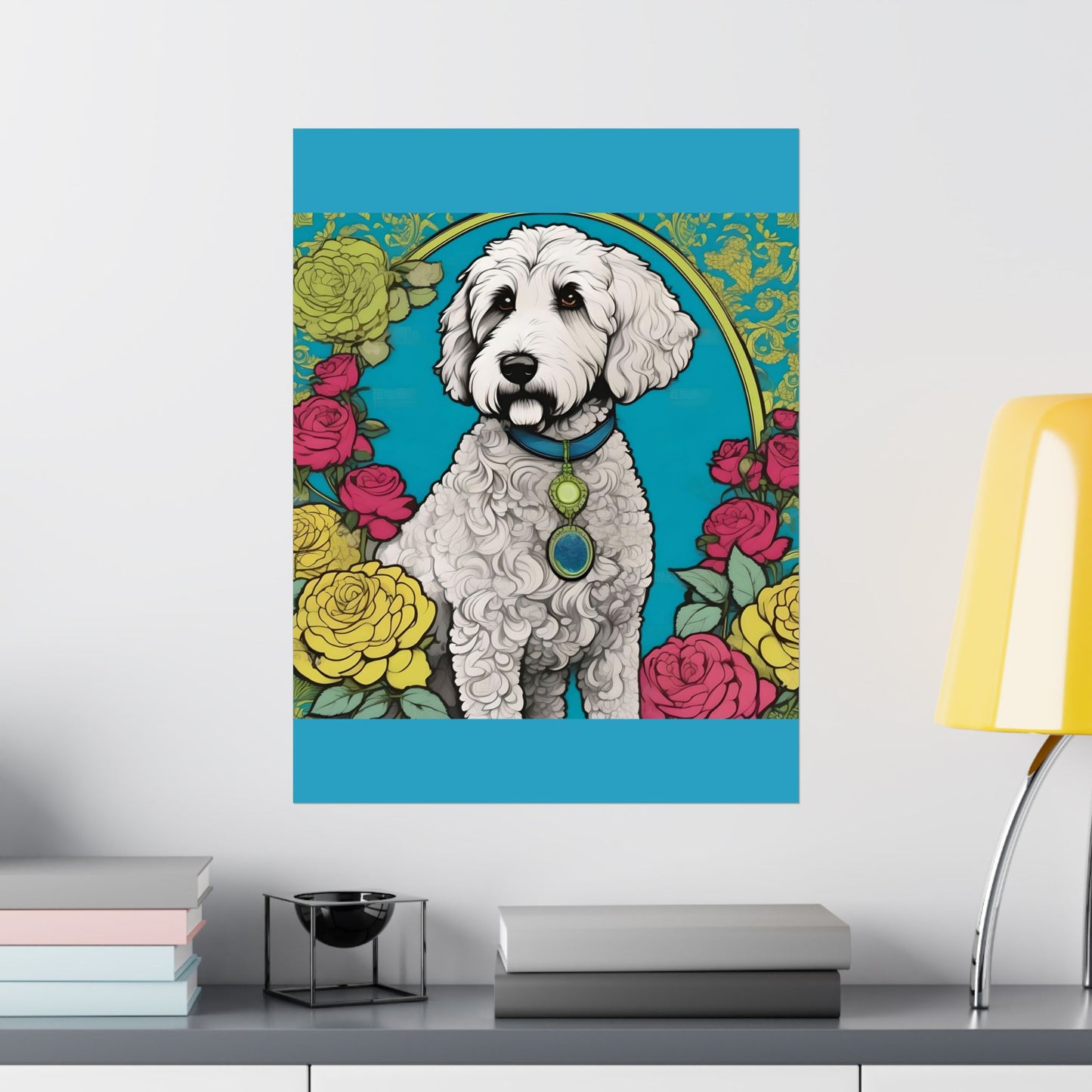 Floral Motif Art Poster - Elegant Matte Vertical Wall Decor - Golden Doodle In Turquoise & Roses