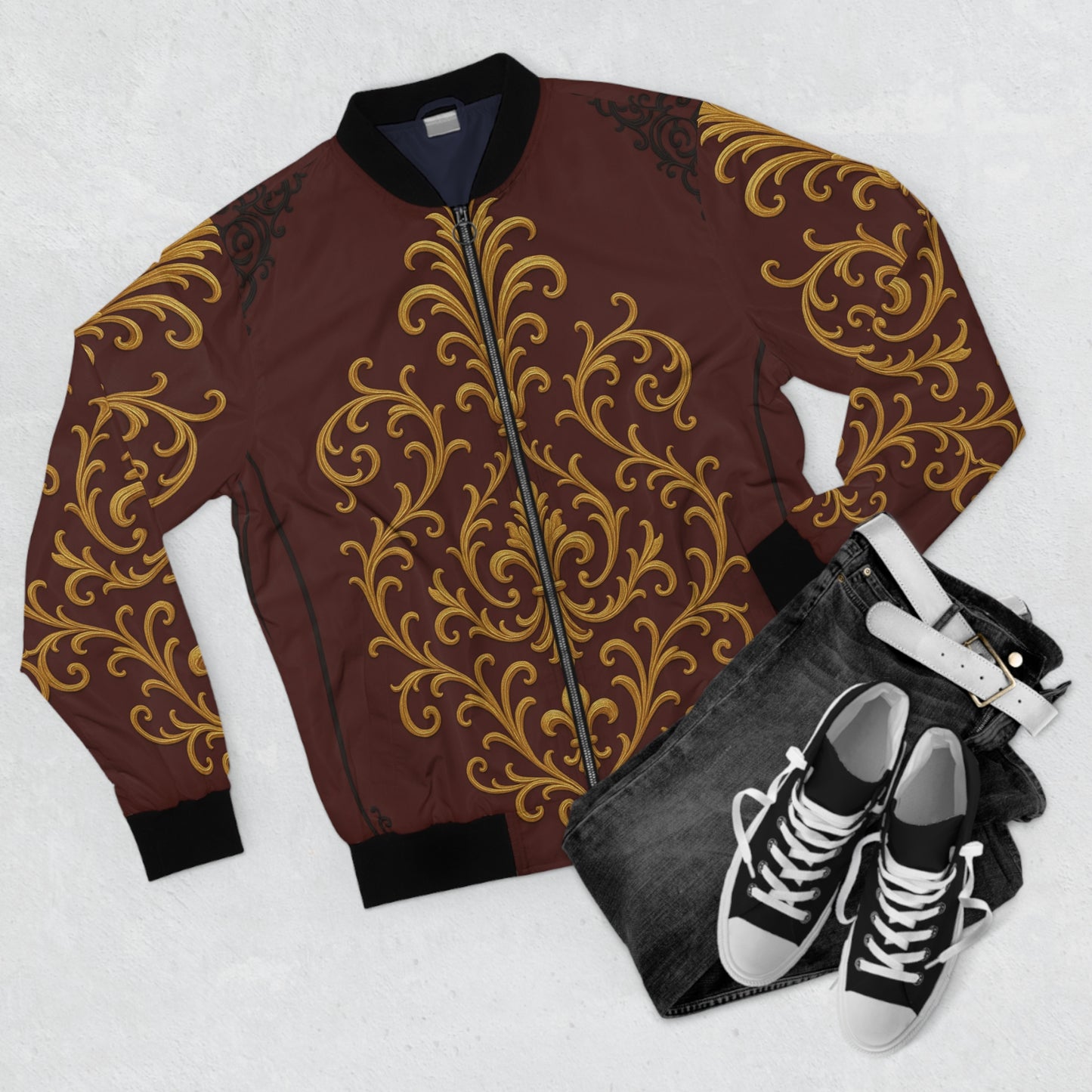 Dusk Burgundy-Black & Gold Baroque Men's Bomber Jacket — Ornate Gold Baroque on Burgundy