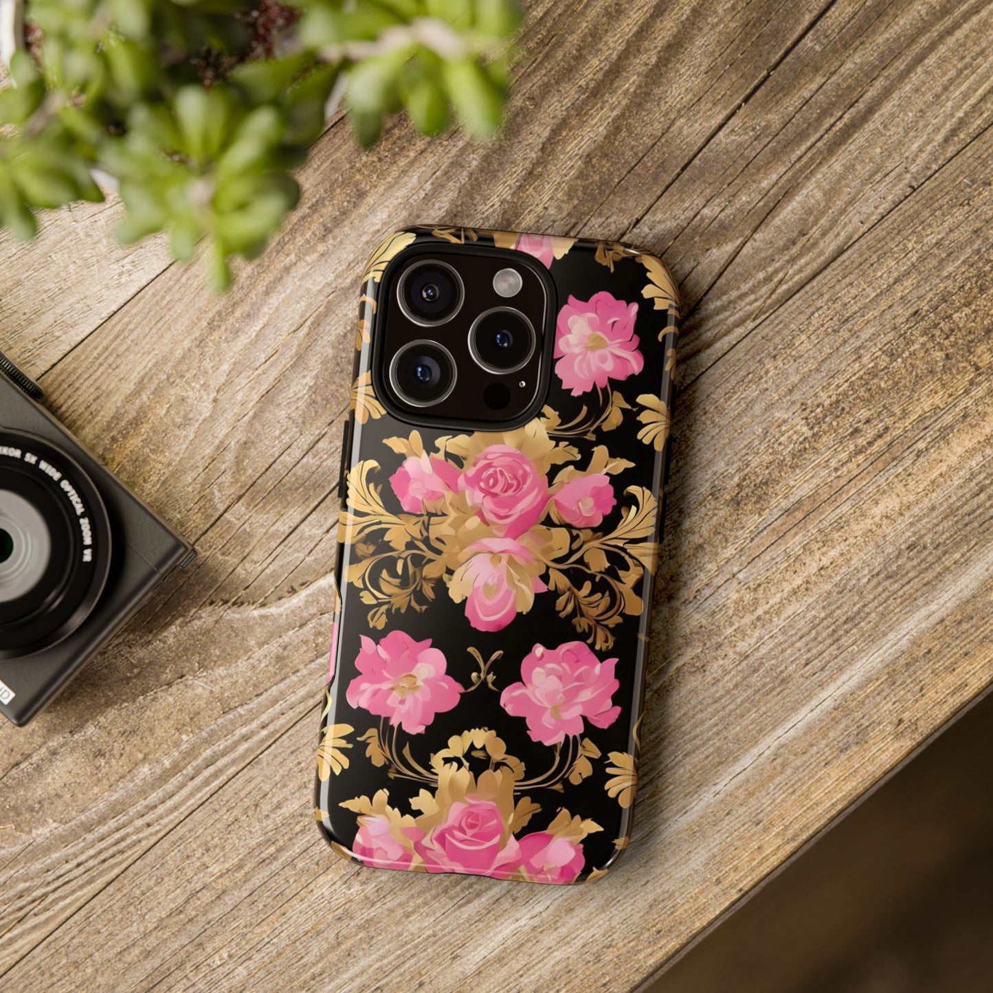 Elegant Floral Motif Phone Case - Tough Cases with Vintage Design - Pink & Gold Roses