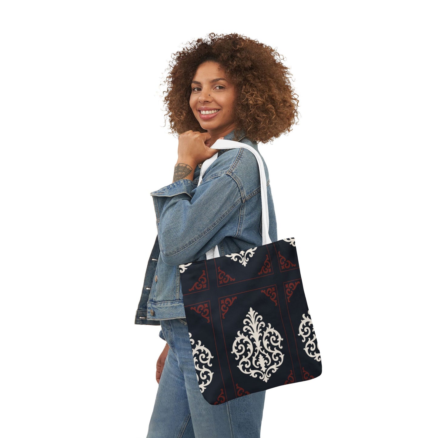 Dusk Blue-Maroon & White Baroque Pattern Canvas Tote Bag — Elegant Dusk Blue & White Reusable Market Bag