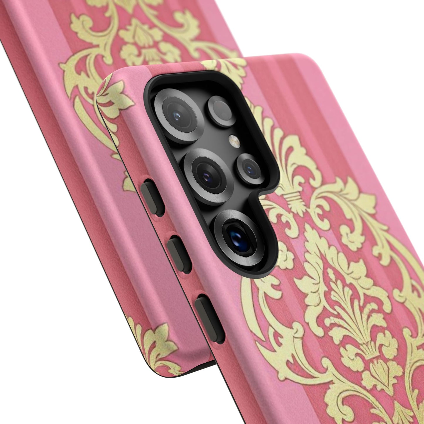 Elegant Floral Motif Phone Case - Tough Cases with Vintage Design - Pink Striped Damask