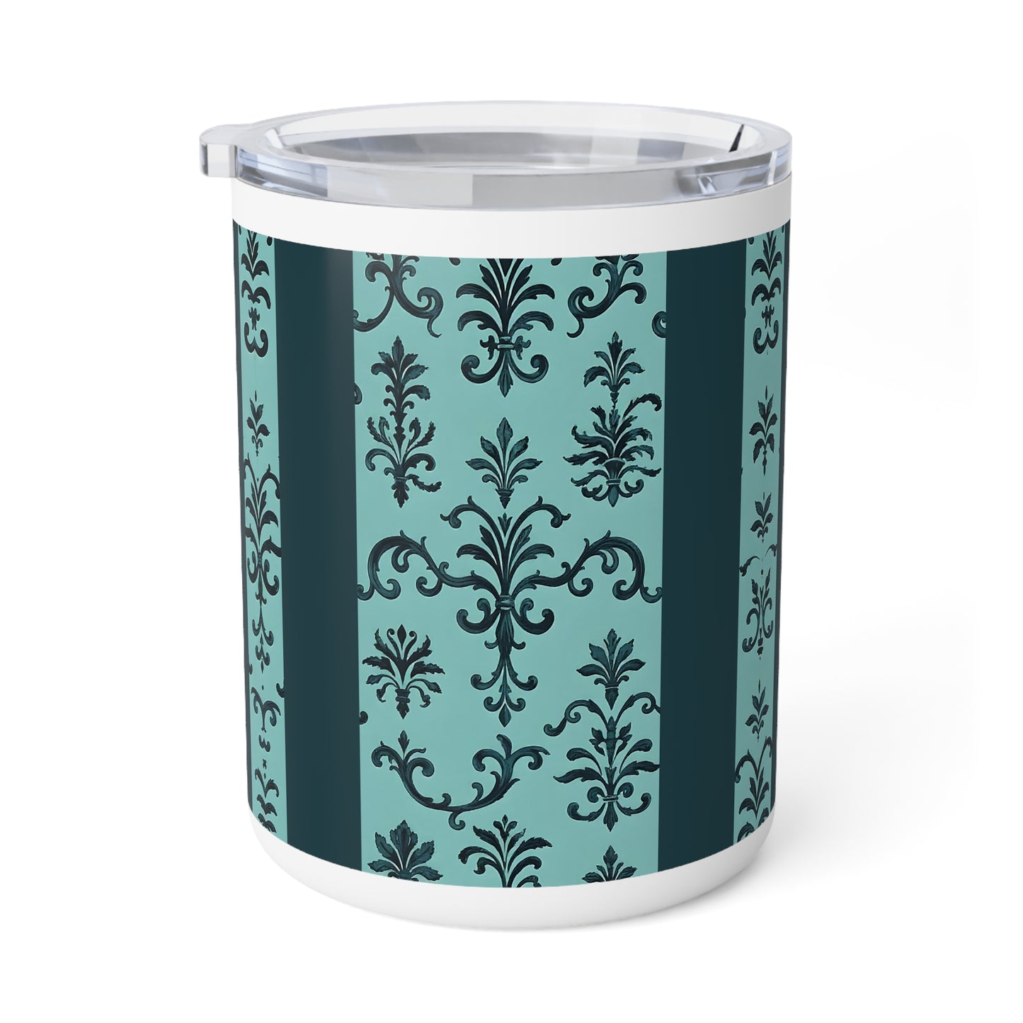 Chic Insulated Coffee Mug, Elegant Drinkware for Home and Office, Perfect Gift for Coffee Lovers, Vintage Pattern - Teal Striped Rococo