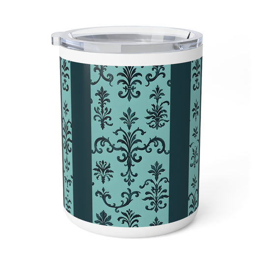 Chic Insulated Coffee Mug, Elegant Drinkware for Home and Office, Perfect Gift for Coffee Lovers, Vintage Pattern - Teal Striped Rococo