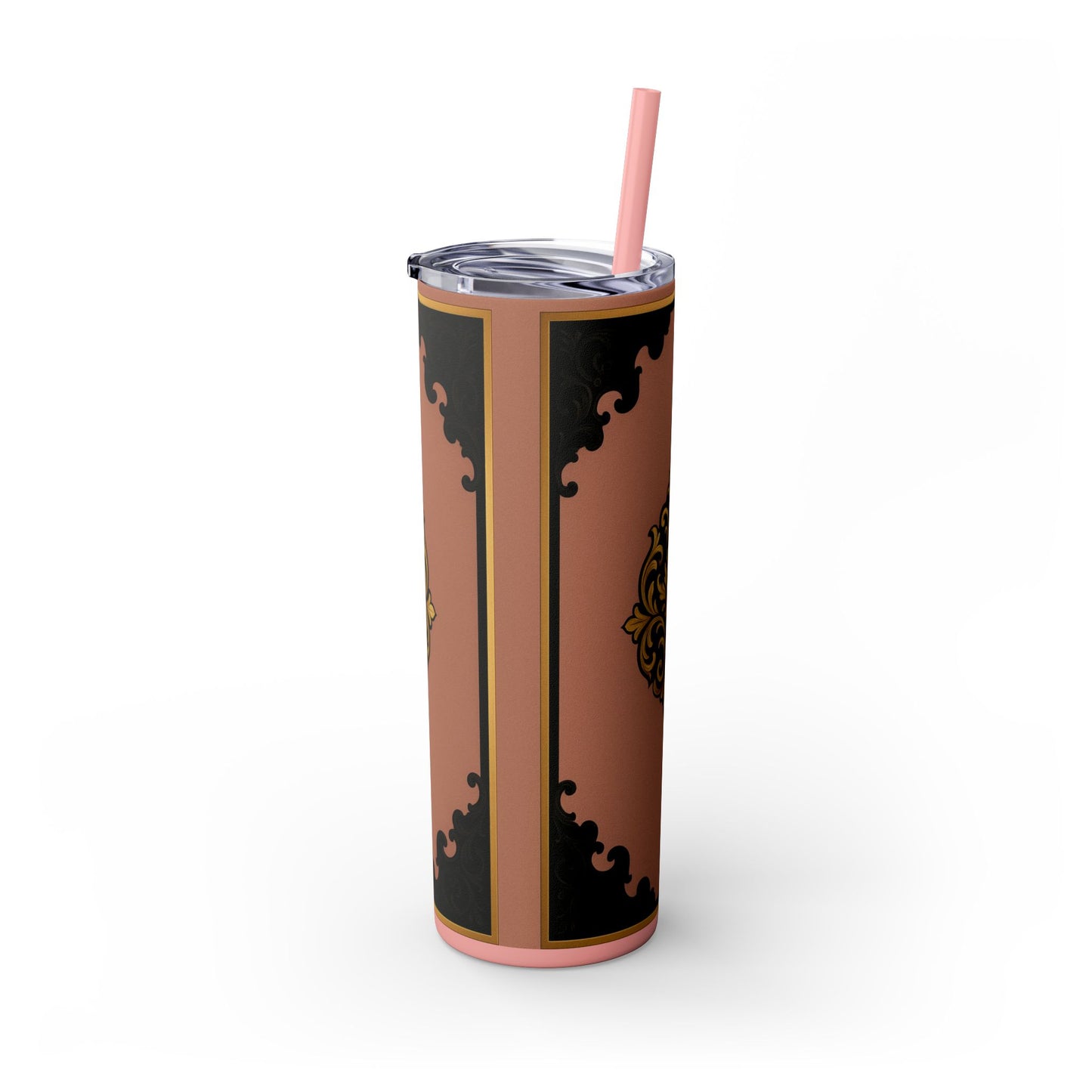 20oz Skinny Tumbler with Straw — Vintage Mauve & Black-Gold Baroque Design