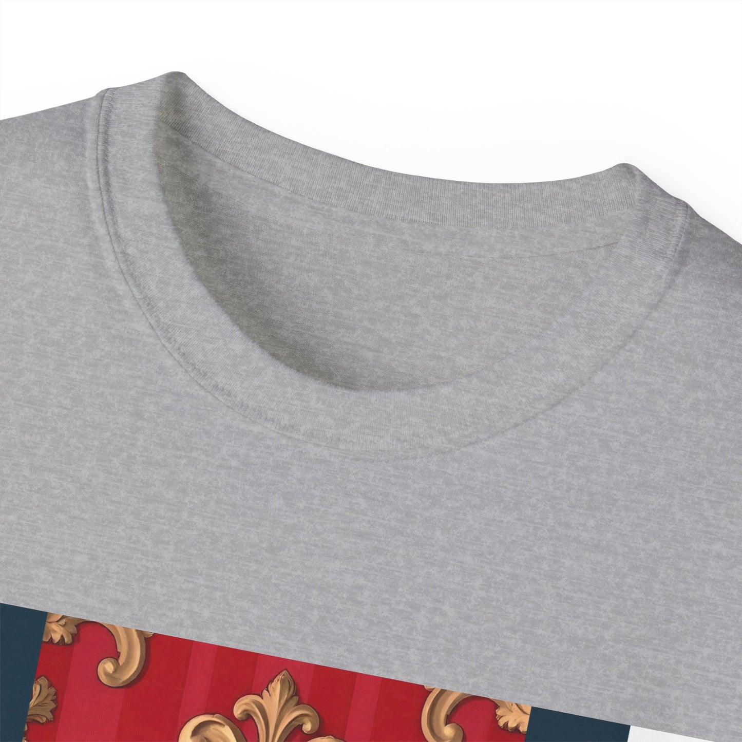 Regal Red Baroque T-Shirt, Artistic Tee, Gift for Art Lovers, Fashionable Statement Shirt, Unique Graphic Top - Blue, Red & White Striped Baroque