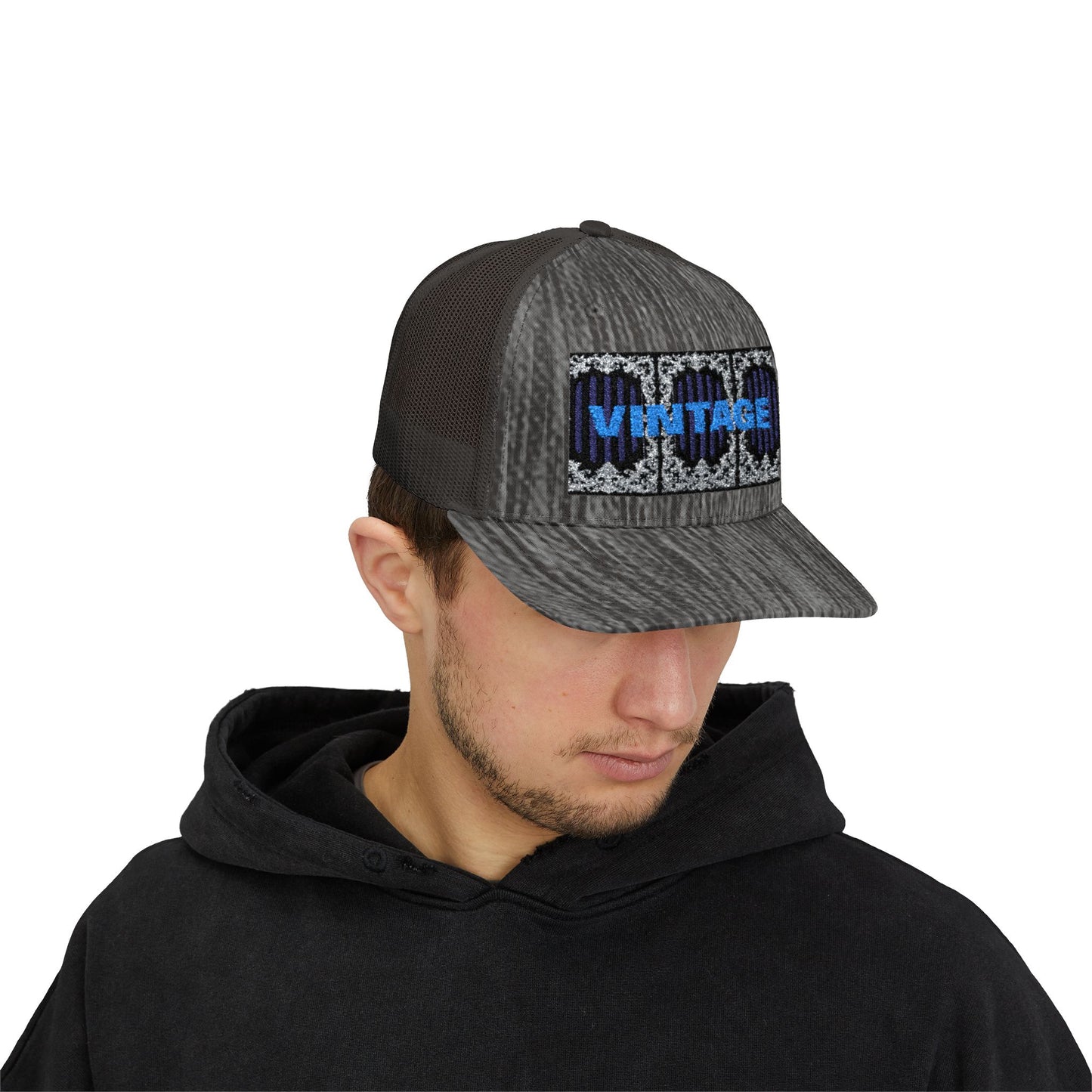 Vintage Navy Stripes & Baroque Trucker Cap — Retro 'VINTAGE' Embroidered Snapback