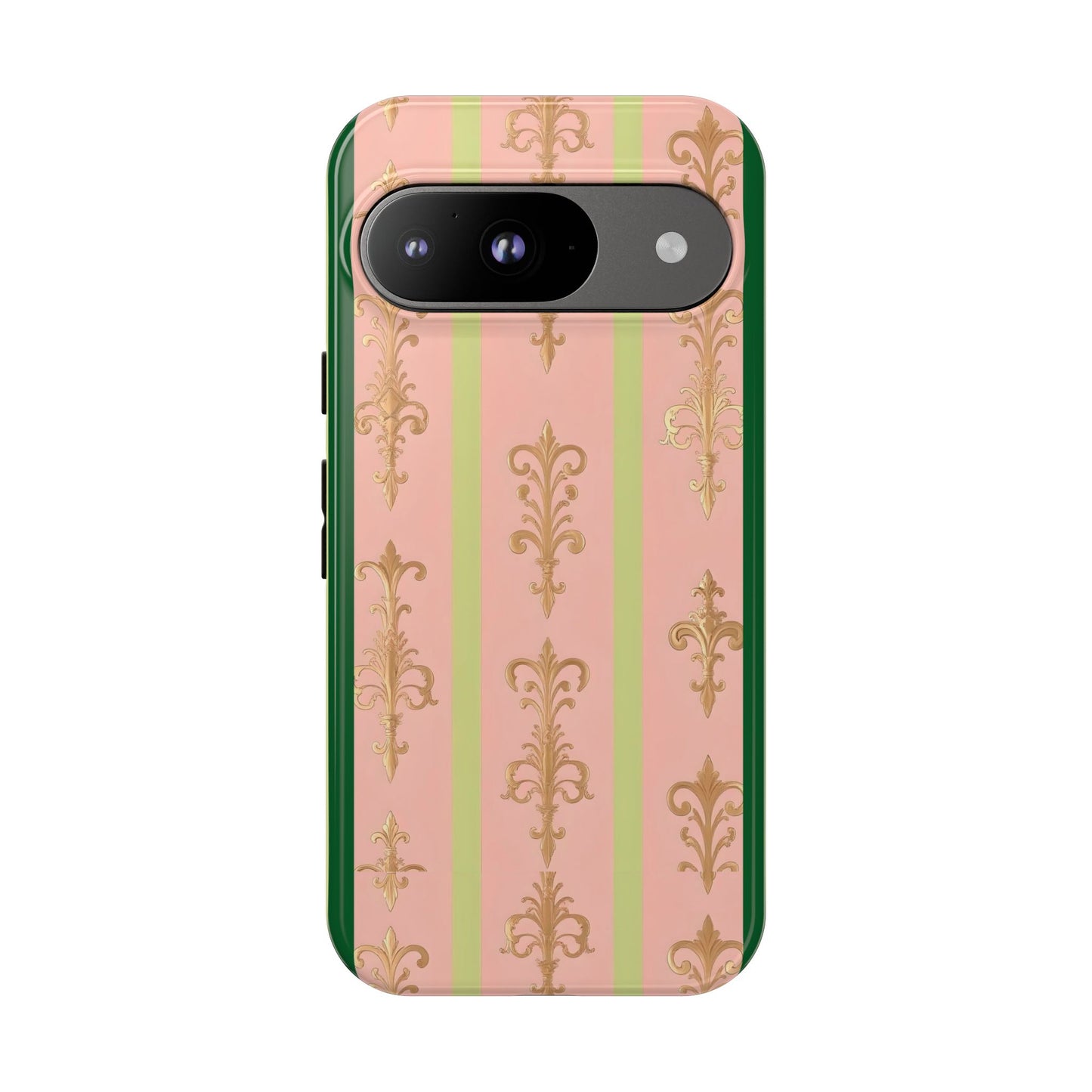 Elegant Floral Motif Phone Case - Tough Cases with Vintage Design - Lime Green & Pink Striped Damask