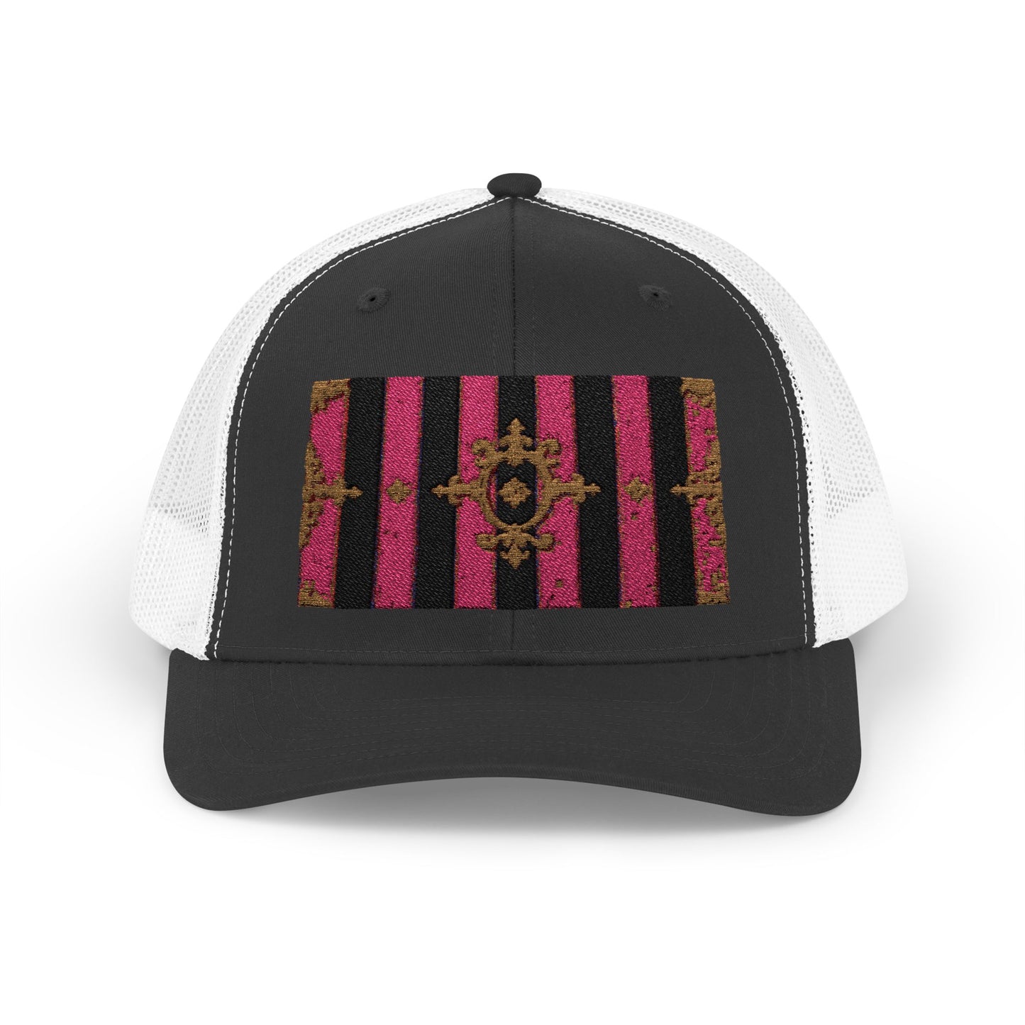 Stylish Snapback Trucker Cap with Black & Mauve Striped Gold Baroque, Trendy Fashion Hat, Perfect Gift for Him/Her