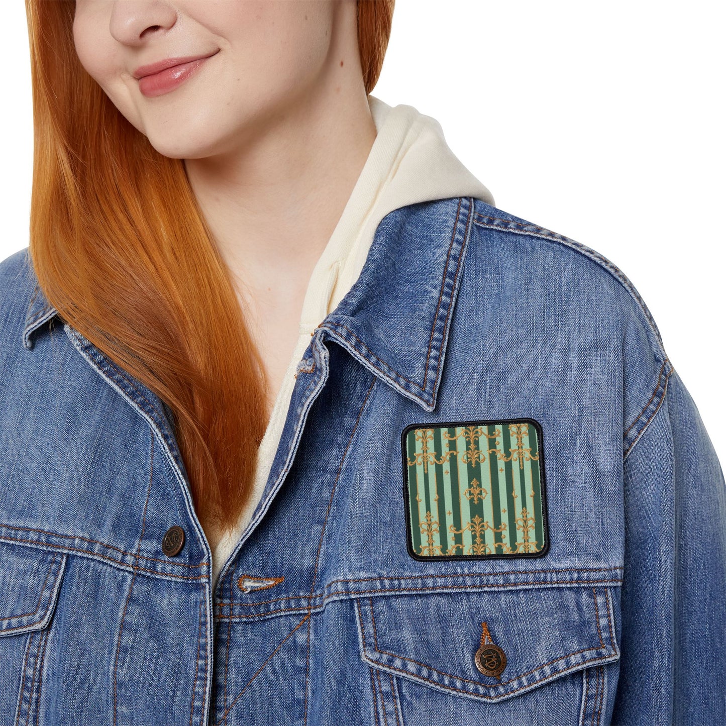Elegant Vintage Iron-On Patches for Jackets, Bags, DIY Fashion, Unique Style Accessories - Mint Green & Teal Striped Gold Baroque