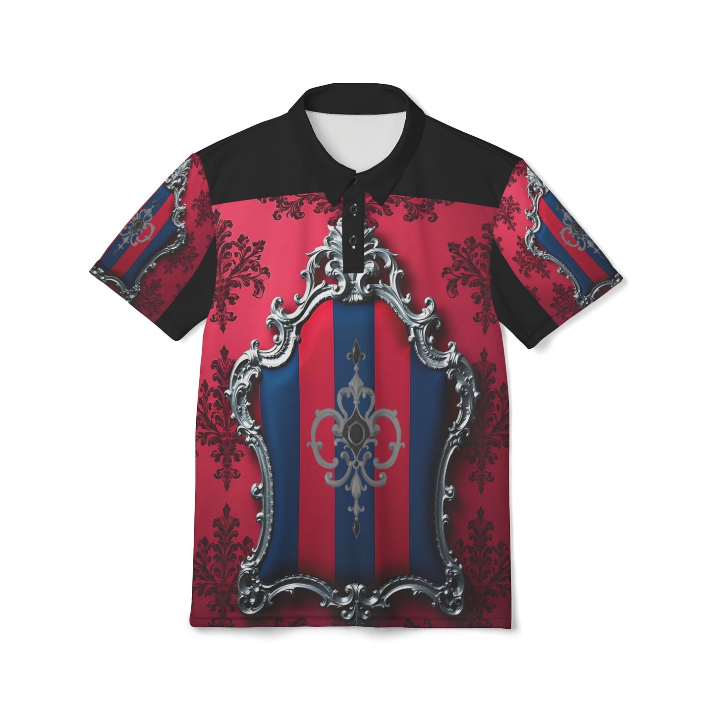 Elegant Vintage Unisex Polo Shirt - Blue & Red Striped Silver Crest