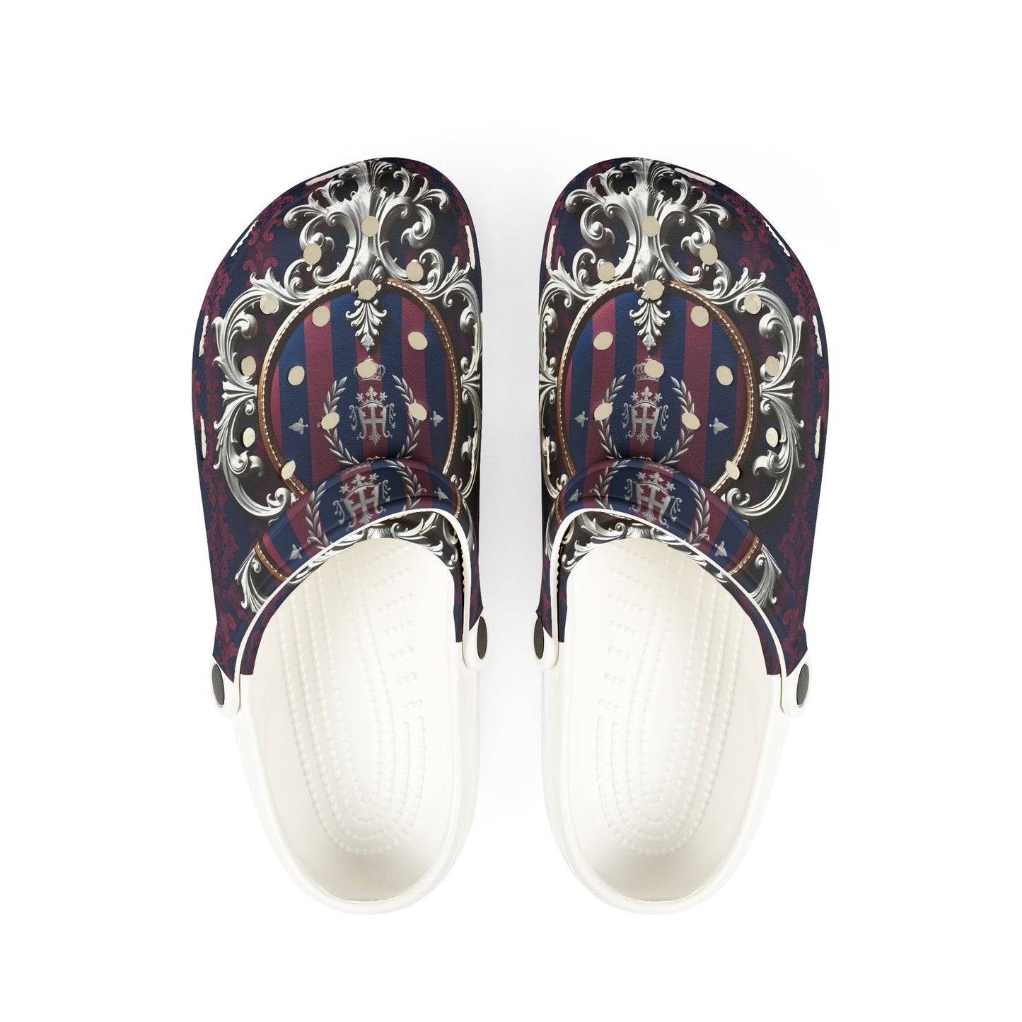 Stylish EVA Foam Rubber Clogs with Elegant Design, Comfortable Everyday Footwear, Fashionable Indoor Slippers - Blue & Plum Striped Silver Crest