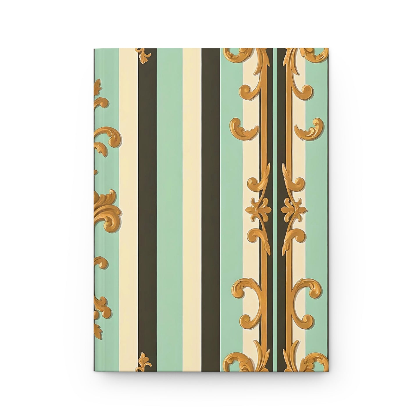 Elegant Striped Hardcover Journal | Vintage-Inspired Notebook for Writing, Sketching, Gift for Writers - Black & Matte Mint Striped Rococo