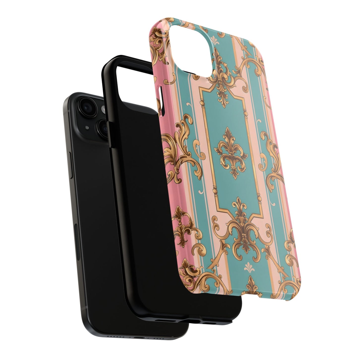 Elegant Floral Tough Phone Case, Artistic Phone Cover, Gift for Her, Chic Phone Accessory - Pink & Matte Turquoise Striped Rococo