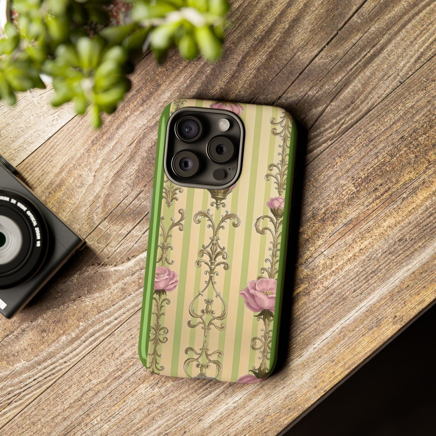 Elegant Floral Motif Phone Case - Tough Cases with Vintage Design - Lime Green & Pink Striped Damask