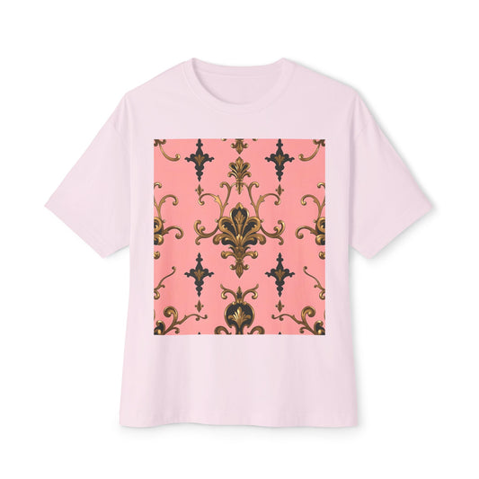 Chic Unisex Vintage Floral Oversized Tee, Casual Wear, Boho Style, Gift for Her, Festival Fashion - Pink, Black & Gold Rococo