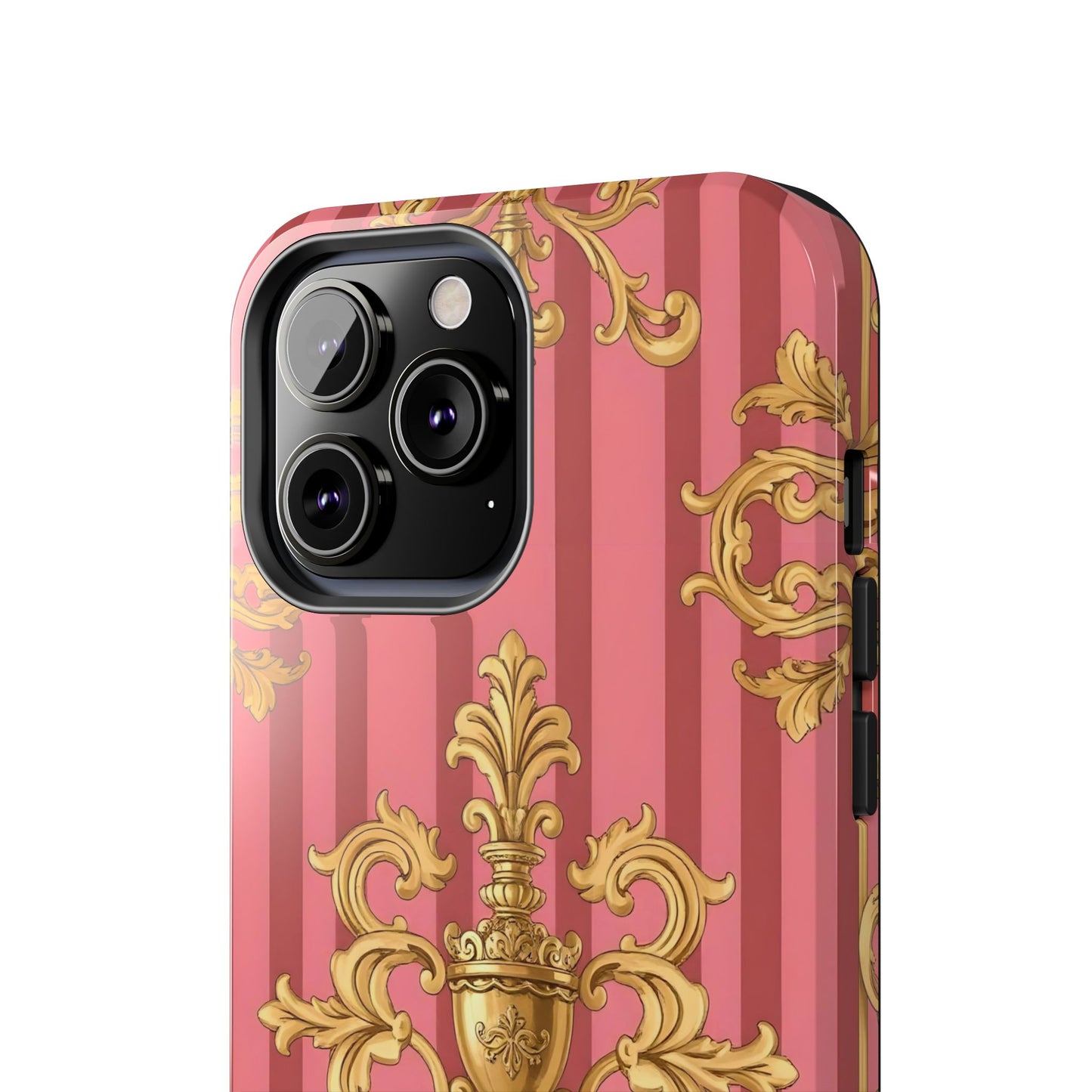 Elegant Baroque Tough Phone Cases, Durable Phone Cover, Stylish Accessory, Gift for Any Occasion - Pink Striped Gold Baroque