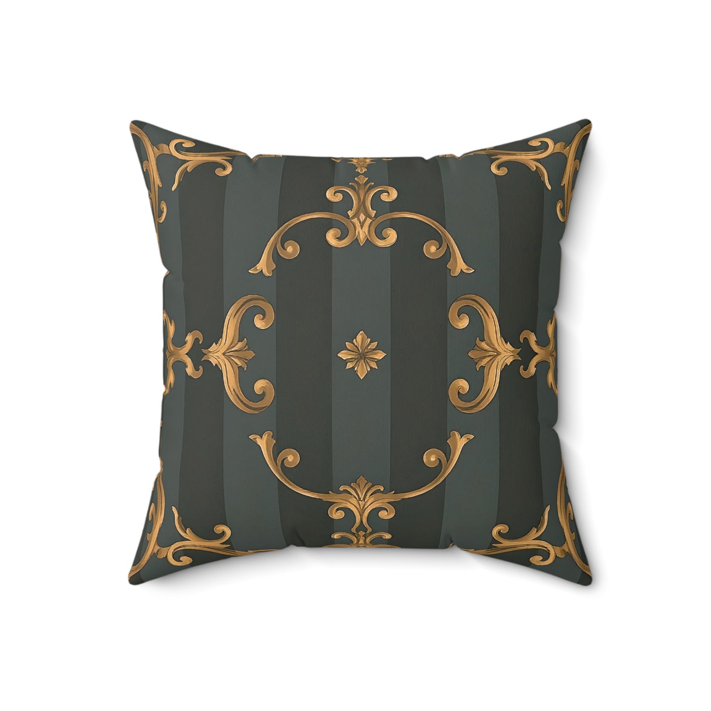 Elegant Faux Suede Square Pillow with Gold Accents - Gray Striped Baroque