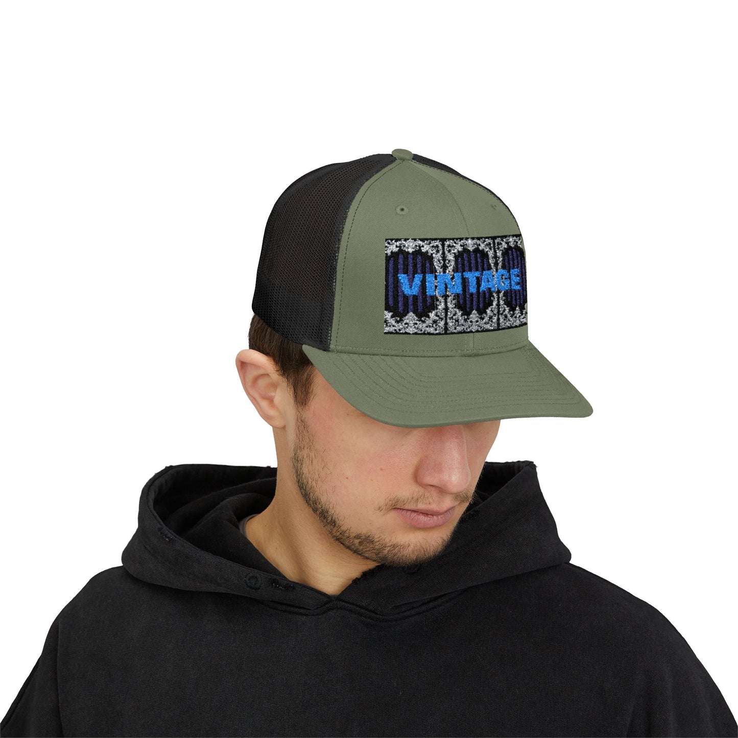 Vintage Navy Stripes & Baroque Trucker Cap — Retro 'VINTAGE' Embroidered Snapback